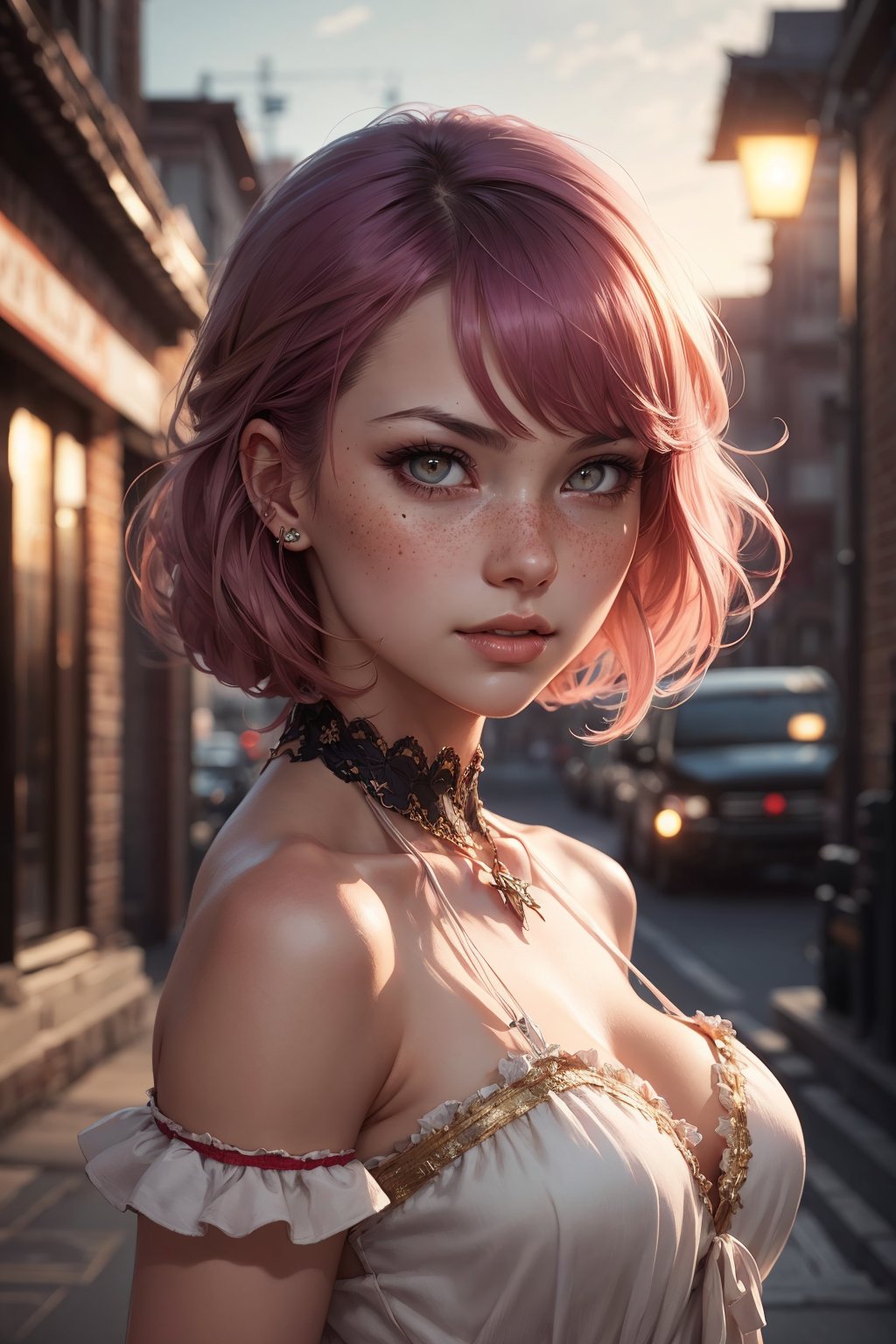 1girl, solo, red green black eyes, rutkowski repin, wlop, natural pink hair realistic , image, bokeh, night, of an incredibly beautiful happy, woman anime style , large pefect eyes Jean-Baptiste Monge style, with highlights in her eyes, light freckles pink and white frilly dress and plaited hair with ribbons stanley artgerm lau style, wlop style, rossdraws style, outdoor hyper detailed , (((rich dark shadows))), Wlop, Artgem , artstation, cgsociety, 8K UHD, HDR, (cowboy_shot:1.2), (parched:0.8), masterpiece, best quality, 8k, golden ratio, Intricate, High Detail, ((sharp focus, detailed skin texture)), 