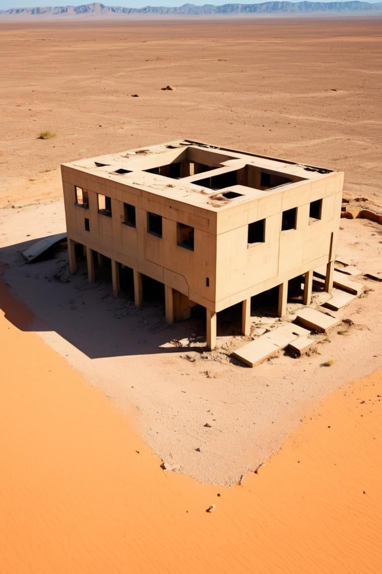 Abandoned research park,  simple geometric volume,  part buried in the desert,  part tilted and destroyed, industrialbuilding,  rich light and shadow,  scifi,  realistic,<lora:EMS-274228-EMS:0.500000>,<lora:EMS-283796-EMS:1.000000>,<lora:EMS-61413-EMS:0.500000>