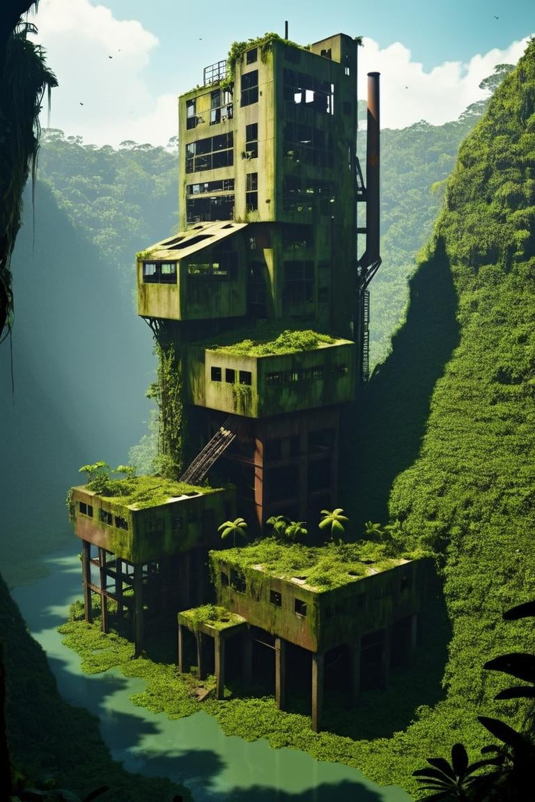 Abandoned factory buried in tropical jungle,  simple geometric volume,  part buried in swamp,  part perched on cliff,  industrialbuilding,  rich light and shadow,  scifi,  realistic,<lora:EMS-61413-EMS:0.500000>,<lora:EMS-274228-EMS:0.500000>,<lora:EMS-283796-EMS:1.000000>