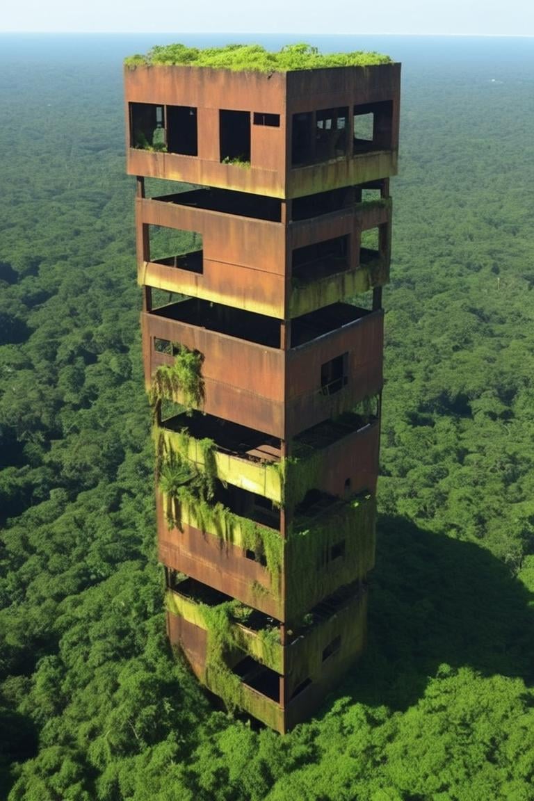 Abandoned factory buried in tropical jungle,  simple geometric volume,  part buried in swamp,  part perched on cliff, industrialbuilding,  rich light and shadow,  scifi,  realistic, xtower,<lora:EMS-61413-EMS:0.500000>,<lora:EMS-274228-EMS:0.500000>,<lora:EMS-282814-EMS:1.000000>