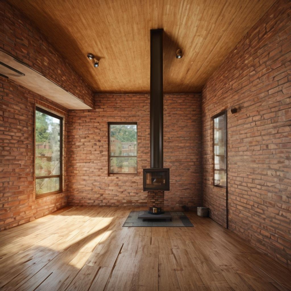 (a small house with chimney,  big window,  metal roof,  wooden floor:1.3),  (shot from outside,  extra long shot,  wide-angle lens,  POV,  DOF:1.2),  (direct sunlight,  dramatic lighting,  ray tracing,  clear shadow,  light pollution:1.1),  (harmonious color:1.1),  brickhouse,<lora:EMS-277822-EMS:0.800000>