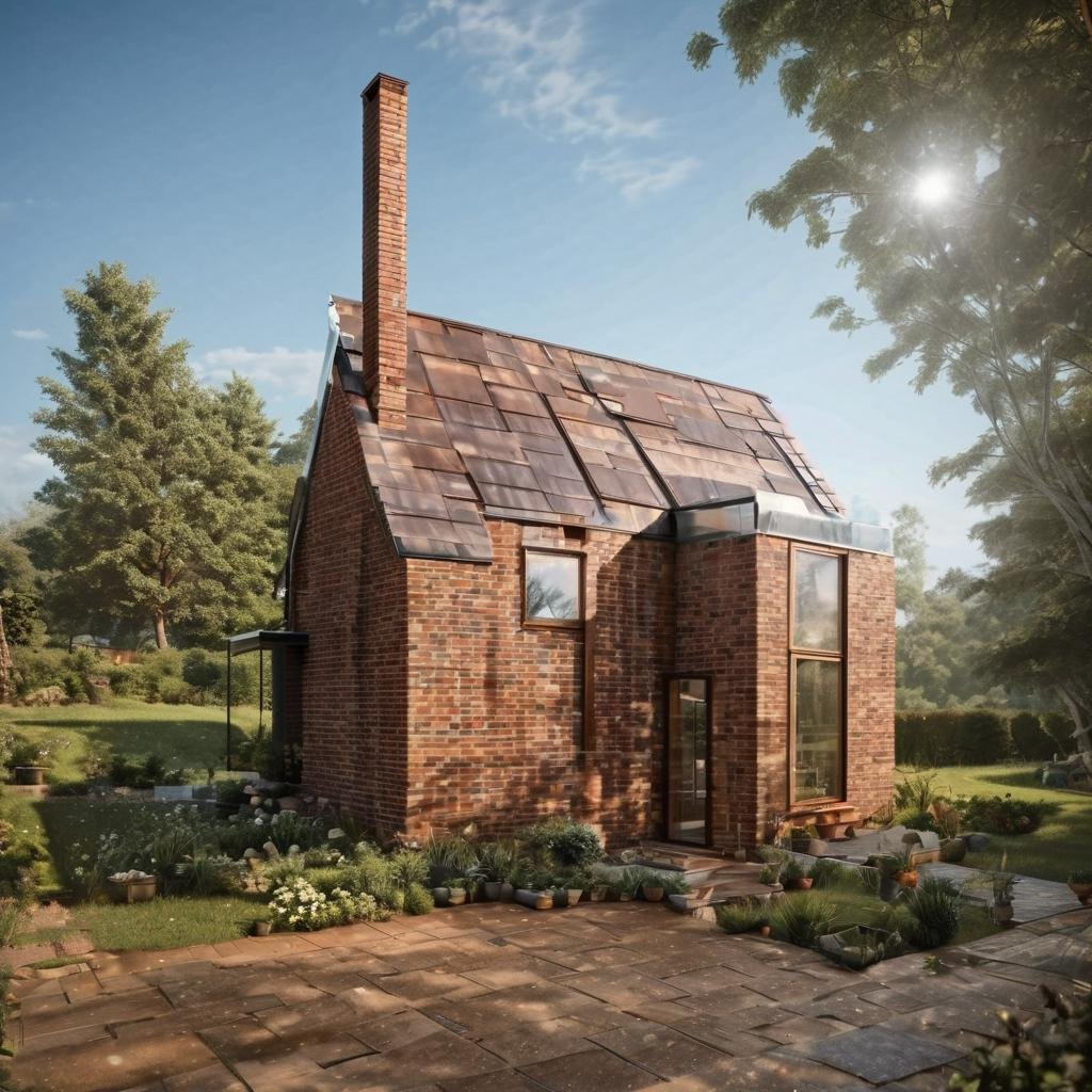 (a small house with chimney,  big window,  metal roof,  wooden floor:1.3),  (shot from outside,  extra long shot,  wide-angle lens,  POV,  DOF:1.2),  (direct sunlight,  dramatic lighting,  ray tracing,  clear shadow,  light pollution:1.1),  (harmonious color:1.1),  brickhouse,<lora:EMS-277822-EMS:0.800000>