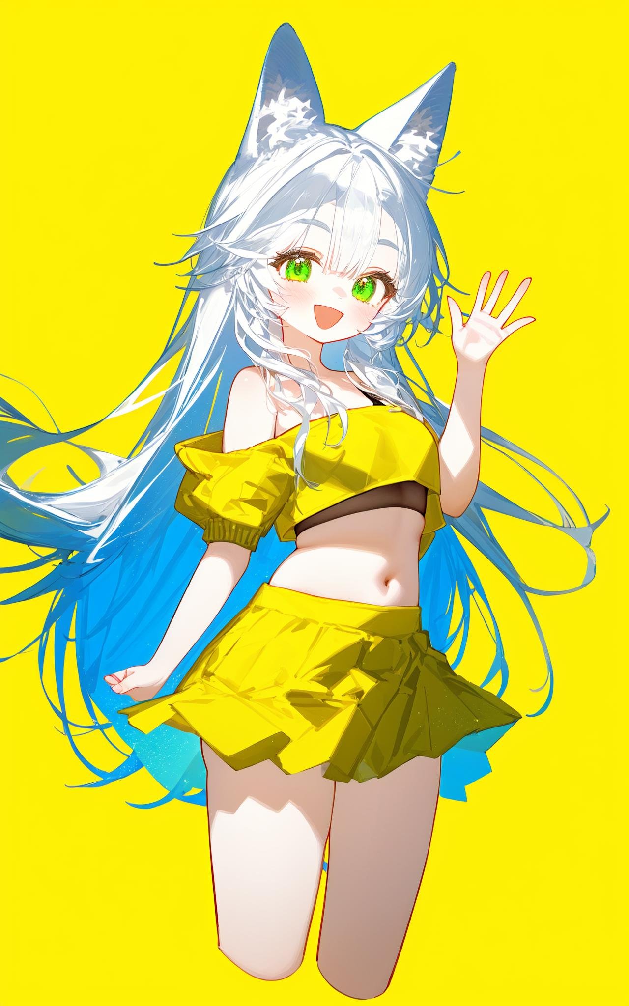 1girl,solo,green eyes,smile,:d,long hair,white hair,animal ears,animal ear fluff,eyebrows visible through hair,medium breasts,navel,bare shoulders,yellow jacket,off shoulder,crop top,midriff,yellow skirt,hand up,waving,cropped legs,simple background,blue background,best quality,amazing quality,very aesthetic,absurdres,