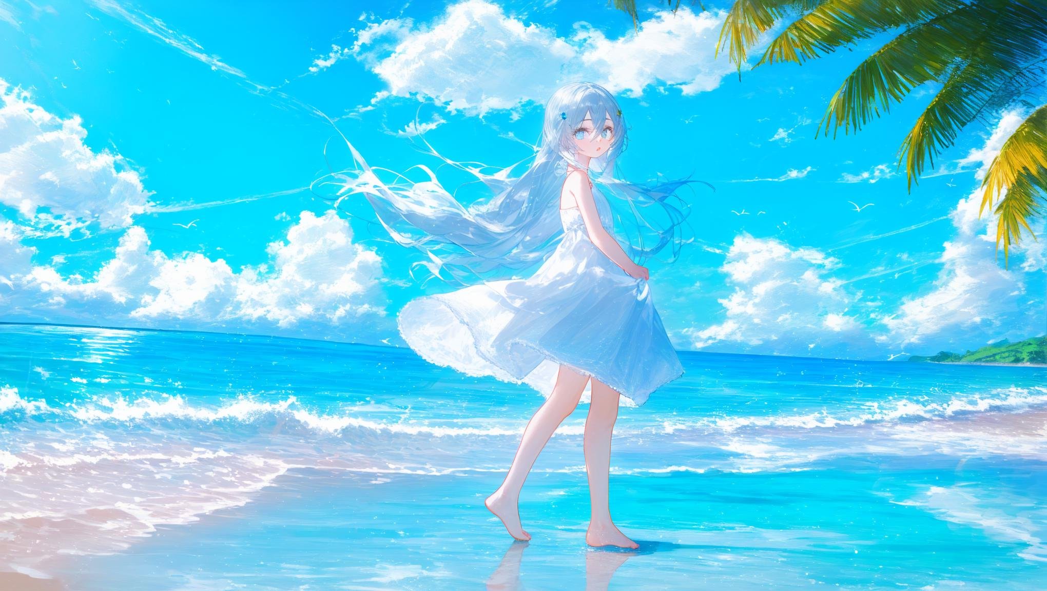 outdoors, blue sky, ocean, waves, beach, 1girl, solo, long hair, hair between eyes, silver hair, blue eyes, parted lips, bare shoulders barefoot, white dress, dress, sky sleeveless, sleeveless dress, reflection, walking, looking at viewer, from side,best quality, amazing quality, very aesthetic, absurdres,Bokeh,