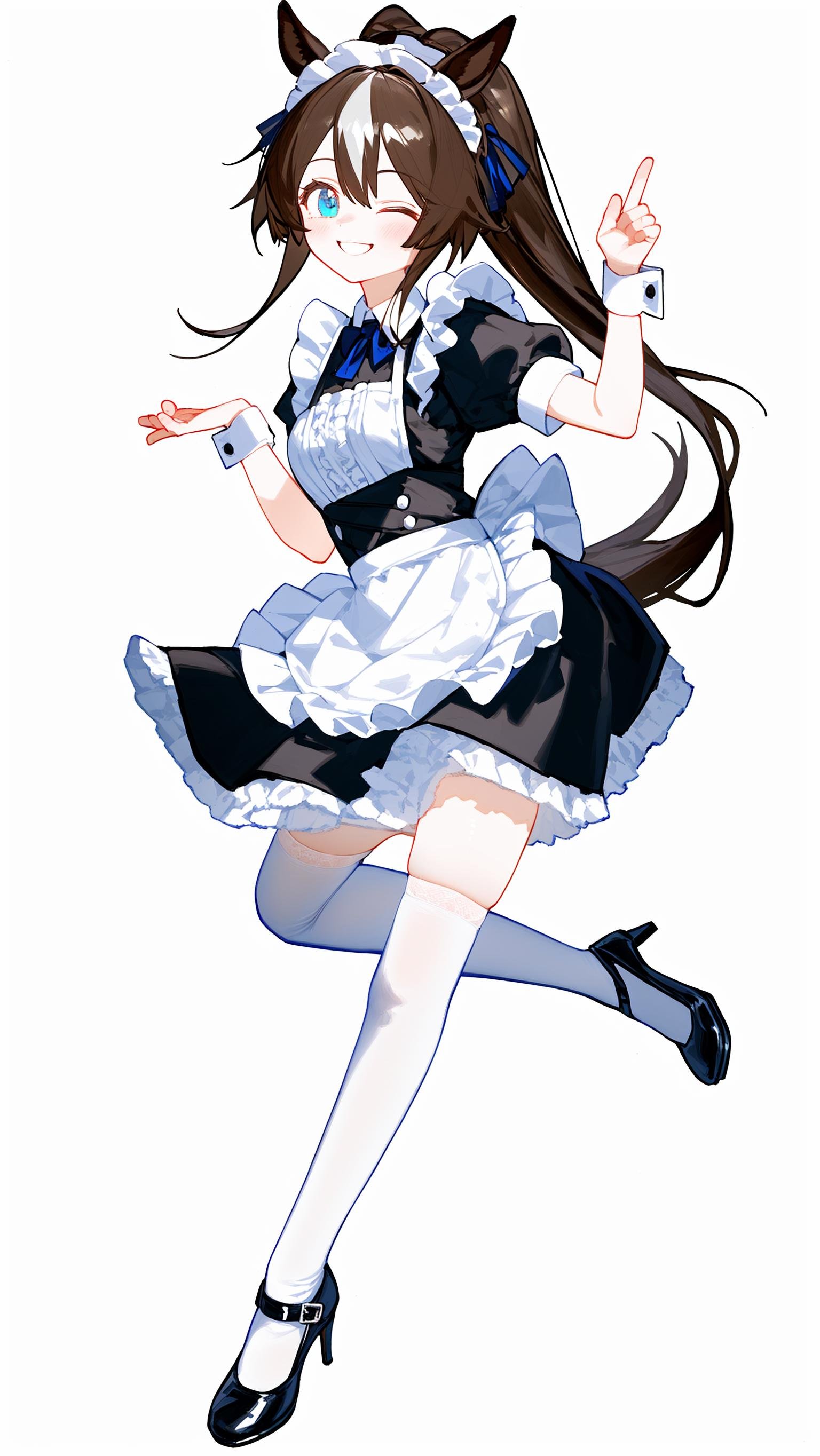 1girl, tokai_teio_(umamusume), maid, solo, smile, one_eye_closed, blue_eyes, long_hair, brown_hair, streaked_hair, horse_ears, horse_tail, wrist_cuffs, maid_apron, maid_headdress, apron, black_skirt, skirt small_breasts, arm_garter, frills, center_frills, high_heels, white_legwear, index_finger_raised, full_body, simple_background,best quality,amazing quality,very aesthetic,absurdres,