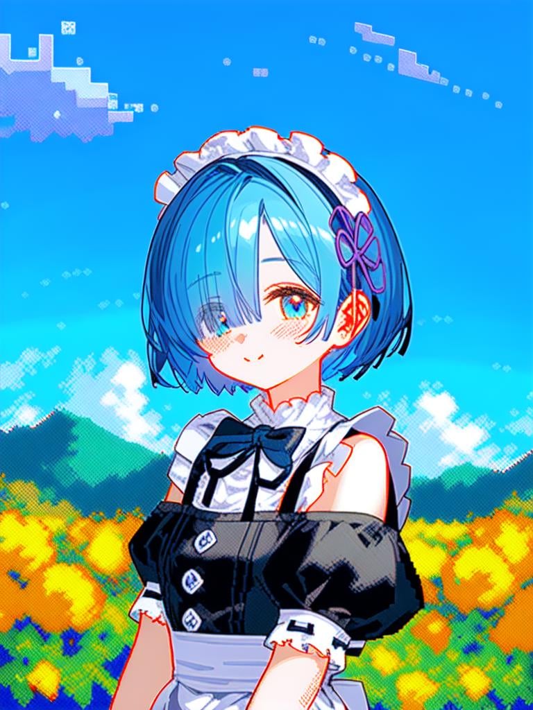 (pixel art:1.4),Rem\(re zero kara hajrmeru isekai seikatsu\),Maid service,blue hair,short hair,(upper body),blue sky,white cloud,