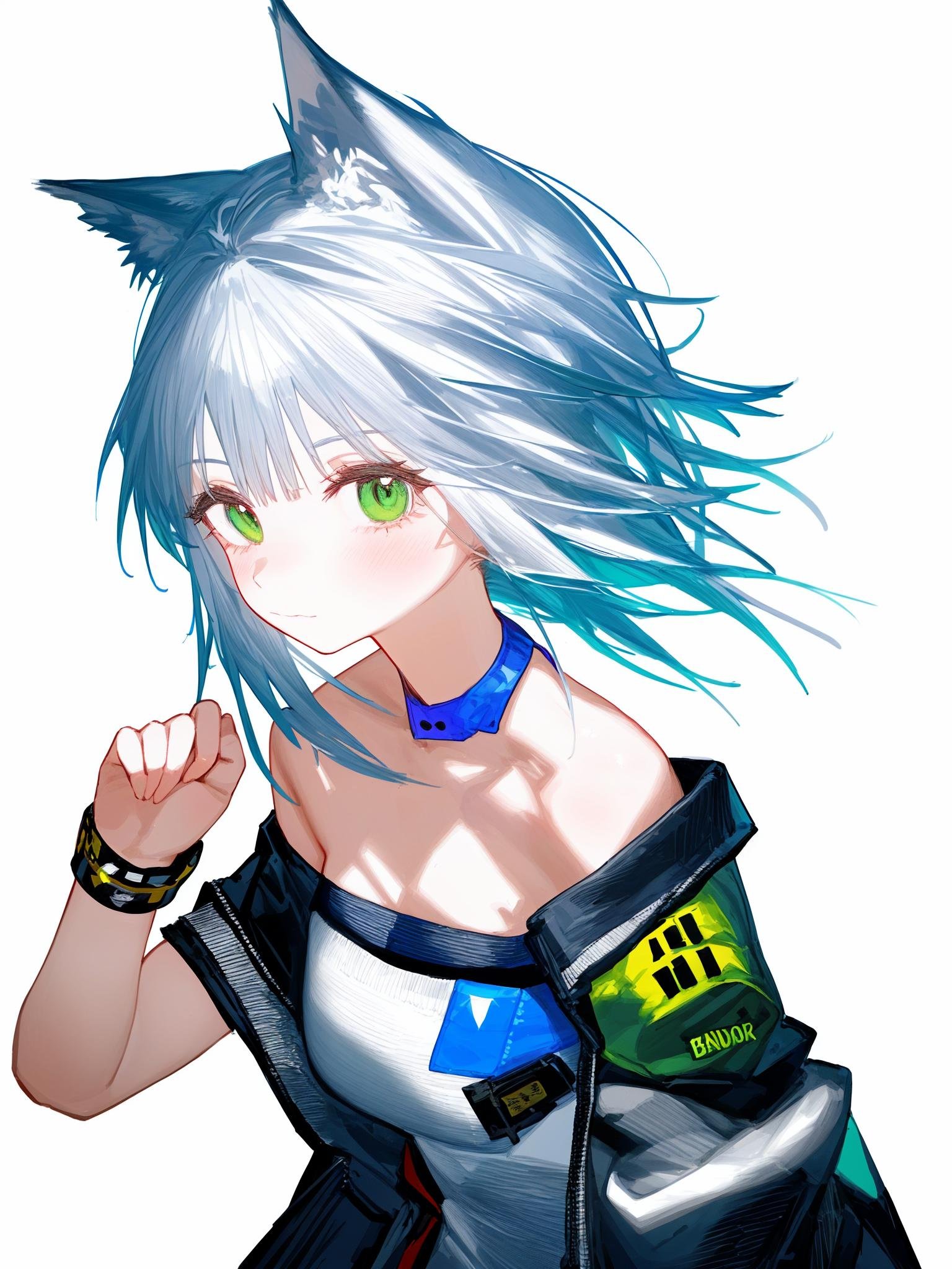 1girl, solo, kal'tsit \(arknights\), green eyes,short hair, silver hair, animal ear fluff, animal ears, bangs, closed mouth, looking at viewer, bare shoulders, armband, strapless, off shoulder, bandeau, jacket, simple background, tube top, upper body, white background,best quality,amazing quality,very aesthetic,absurdres,