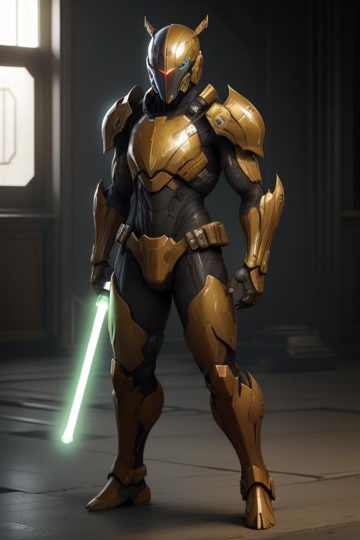 masterpiece, best quality,1boy,armorsuit,full body,  looking at viewer, Lightsaber Green armor,