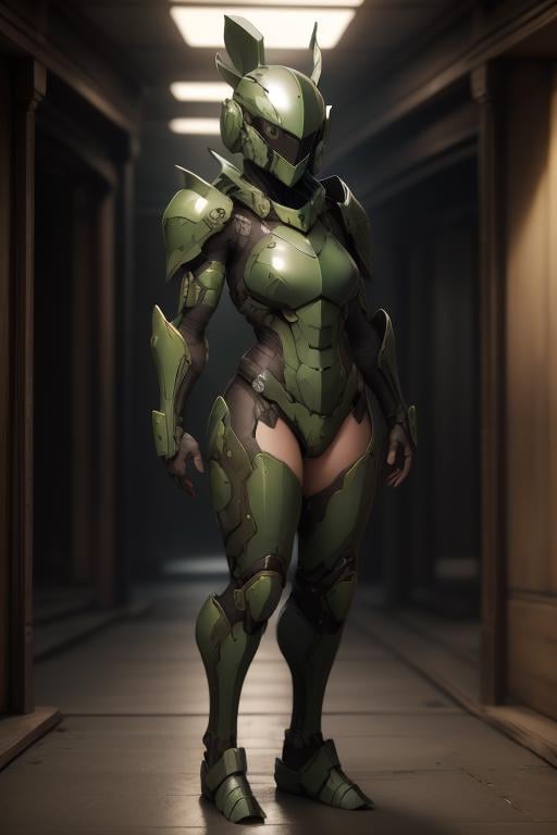 masterpiece, best quality,1girl,armorsuit,full body,  looking at viewer, Army Green armor,