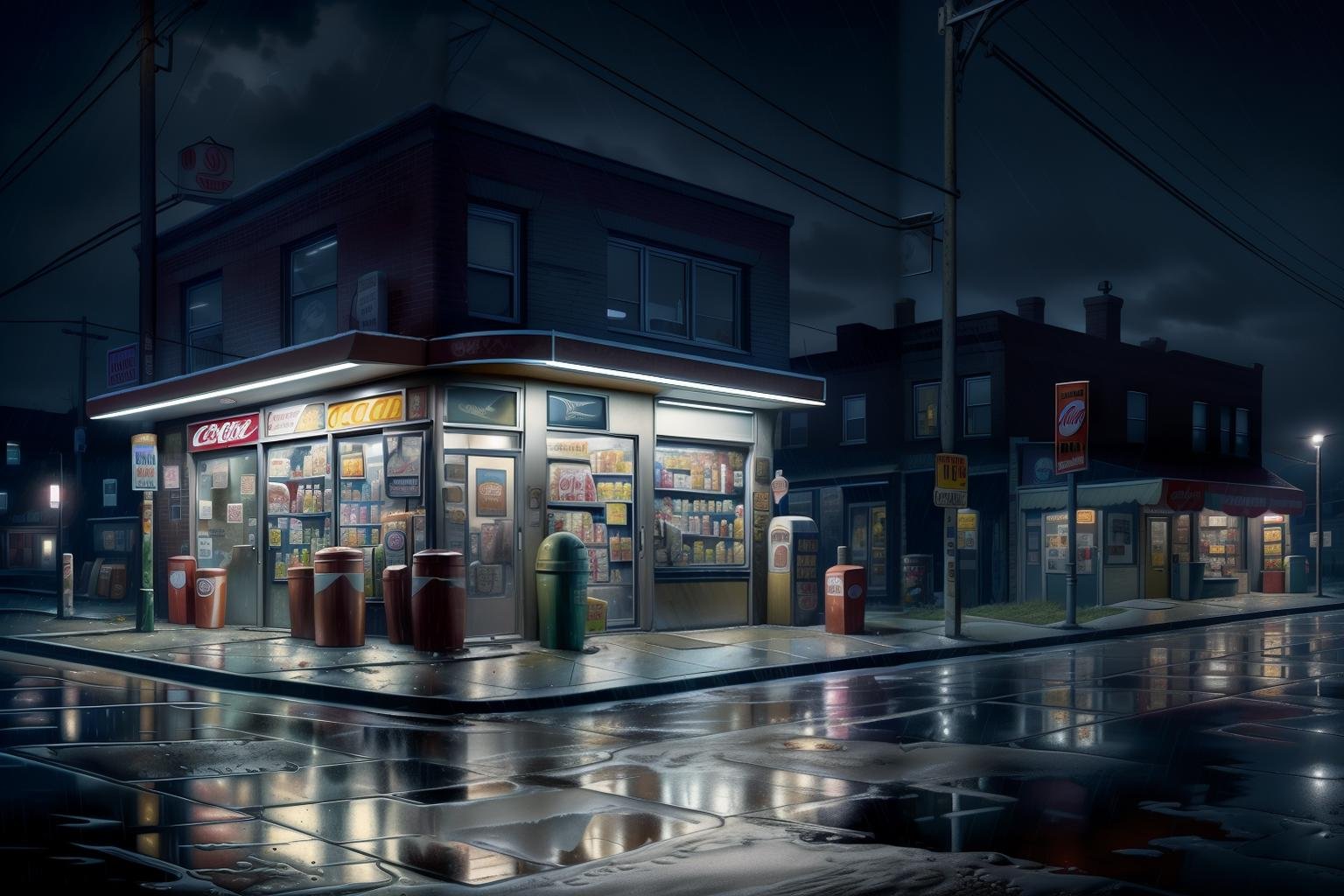 (masterpiece, best quality:1.2), ultra detailed, cinematic lighting, HDR, ilustration, corner store, rain, vending machine, no humans, night, scenery, outdoors, shop, convenience store, road, trash can, street, power lines, building, can, dark, coca-cola, sky, sign, motor vehicle, ground vehicle, utility pole, alley, lamppost, car