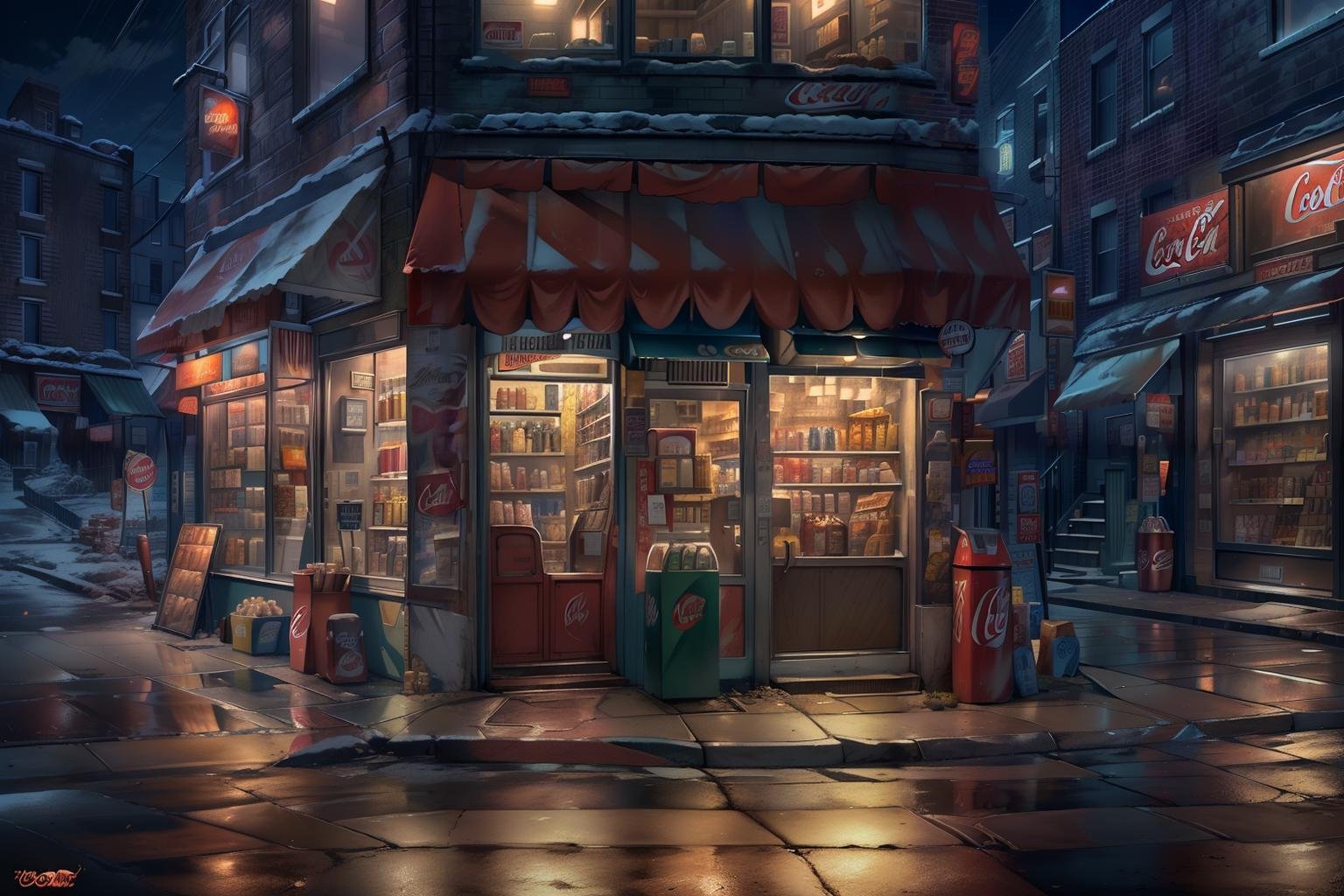 (masterpiece, best quality:1.2), ultra detailed, cinematic lighting, HDR, ilustration, corner store, shop, no humans, scenery, vending machine, convenience store, outdoors, window, building, storefront, coca-cola, night, road, street, door, alley, sign, can