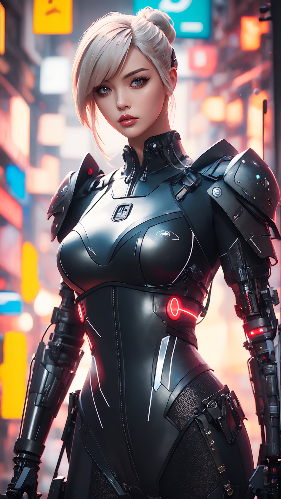 A young woman with steely eyes and a cybernetic eyepatch, clad in a high-tech, heavily armored cyberpunk bodysuit. The suit is adorned with weapons and gadgets, making her look like a walking arsenal. The pose is intimidating and focused, as she tracks her target through the neon-lit underbelly of the city, cyber_armor,photorealistic,cyber_armor