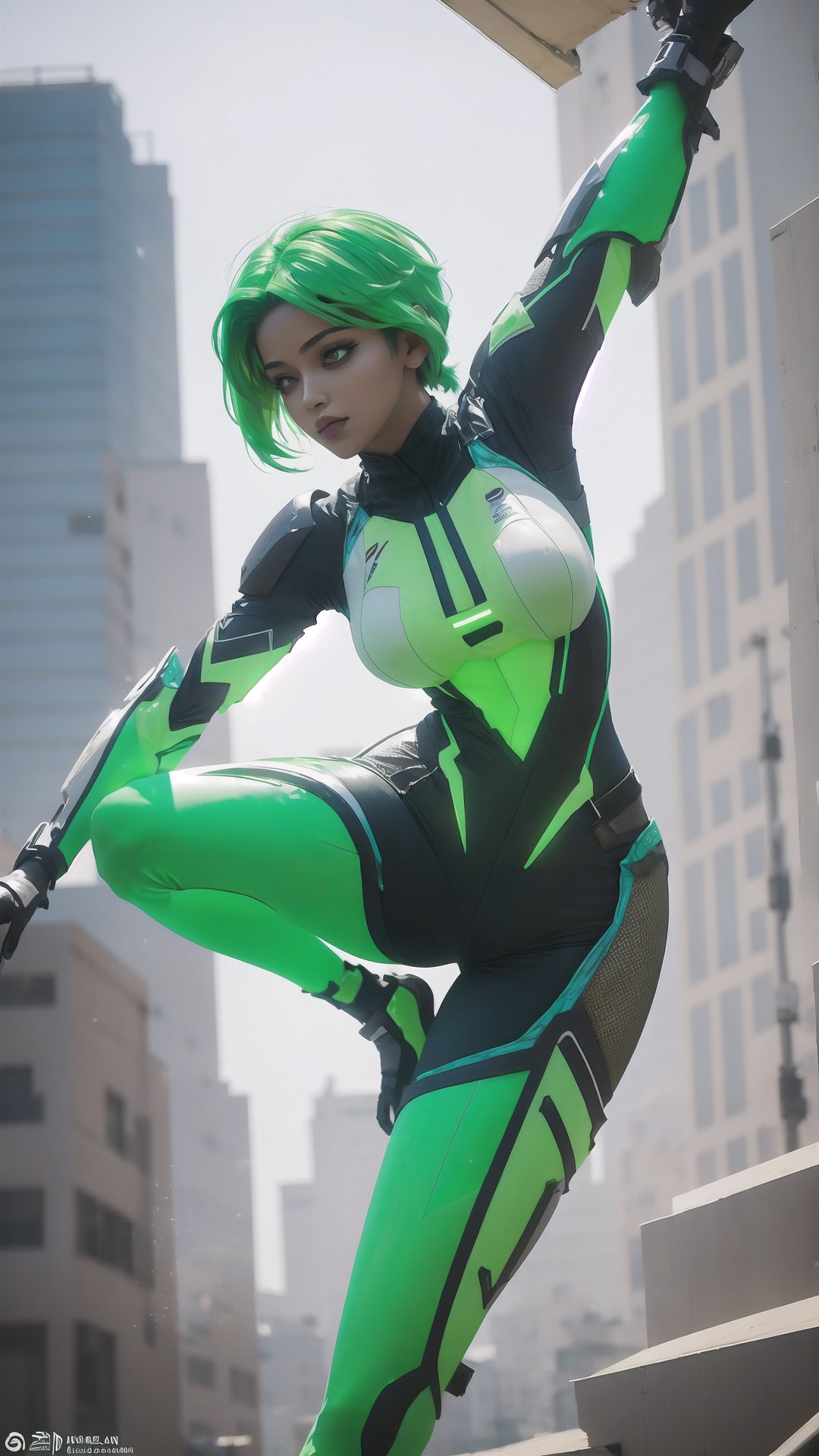 A young South Asian woman with bright green hair, wearing a high-tech, flexible bodysuit designed for agile movement. The suit is a mix of mesh and light armor, with glowing accents that highlight her acrobatic leaps across neon-lit rooftops, cyber_armor,photorealistic,cyber_armor