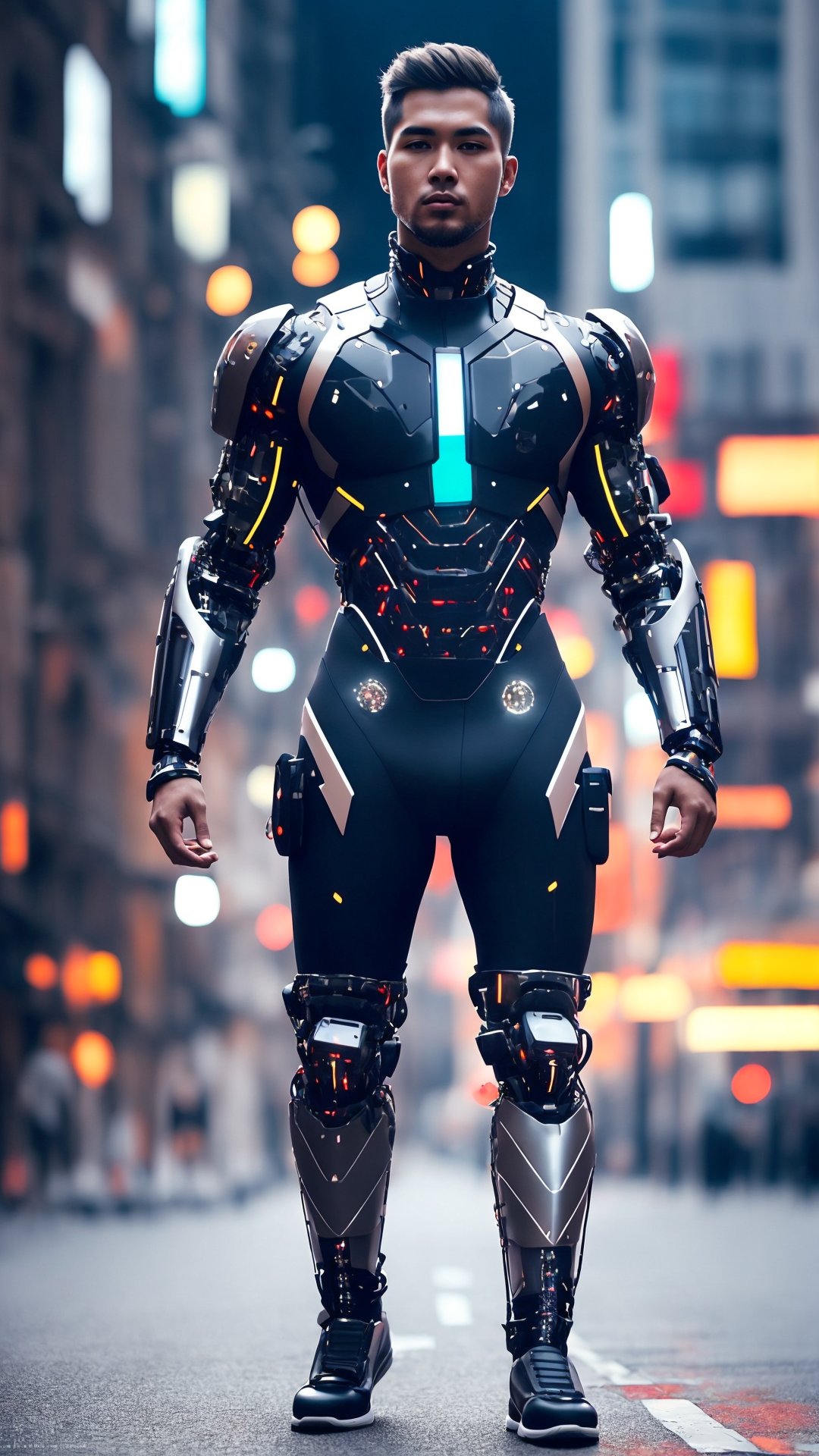  A young Indigenous man with long, braided hair and intricate cybernetic tattoos, wearing a high-tech bodysuit that seems to merge with his own biology. The suit is organic and fluid, with bioluminescent elements that pulse in rhythm with his heart. The pose is meditative, as he connects with the city's bio-network through neural interfaces, cyber_armor,photorealistic