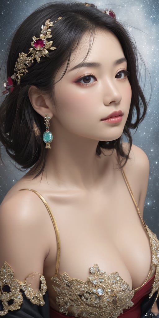  1girl,Chinese girls,Tibetan girl,pink Hanfu,large breasts,jewelry, earrings,lips, makeup, portrait, eyeshadow, realistic, nose,{{best quality}}, {{masterpiece}}, {{ultra-detailed}}, {illustration}, {detailed light}, {an extremely delicate and beautiful}, a girl, {beautiful detailed eyes}, stars in the eyes, messy floating hair, colored inner hair, Starry sky adorns hair, depth of field, large breasts,cleavage,blurry, no humans, traditional media, gem, crystal, still life, Dance,movements, All the Colours of the Rainbow,zj,
simple background, shiny, blurry, no humans, depth of field, black background, gem, crystal, realistic, red gemstone, still life,
