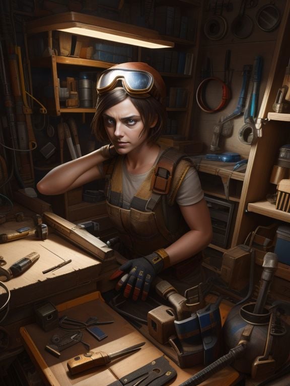 Tinker,  Lauren_LaForge, goggles on head, mechanical clutter, gadgets, workshop, 