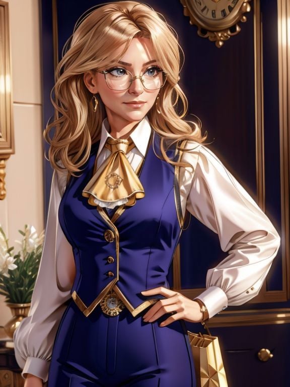 4k, UHD, photorealistic, extremely detailed, Megan_Kraft, glasses, pocket watch, waistcoat, and ascot tie , shopping, 