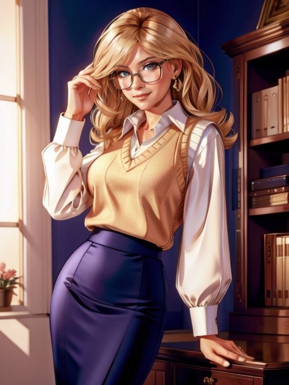 4k, UHD, photorealistic, extremely detailed, Megan_Kraft, glasses, sweater vest, pencil skirt, and mary jane pumps , shopping, 