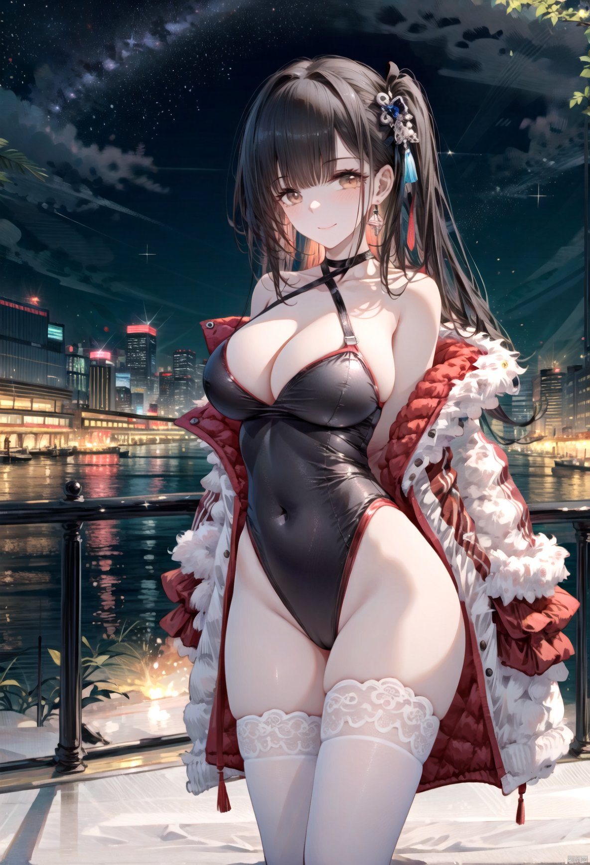 1girl, breasts, long hair, thighhighs, brown hair, solo, navel, cleavage, navel cutout, race queen, highleg, bangs, black thighhighs, large breasts, looking at viewer, smile, bare shoulders, one side up, jacket, very long hair, highleg leotard, leotard, thighs, full body, night, clothing cutout, off shoulder, skindentation, standing, outdoors, white footwear, brown eyes, collarbone, blush, criss-cross halter, open jacket, bracelet, closed mouth, jewelry, halterneck, open clothes, huge breasts, official alternate costume