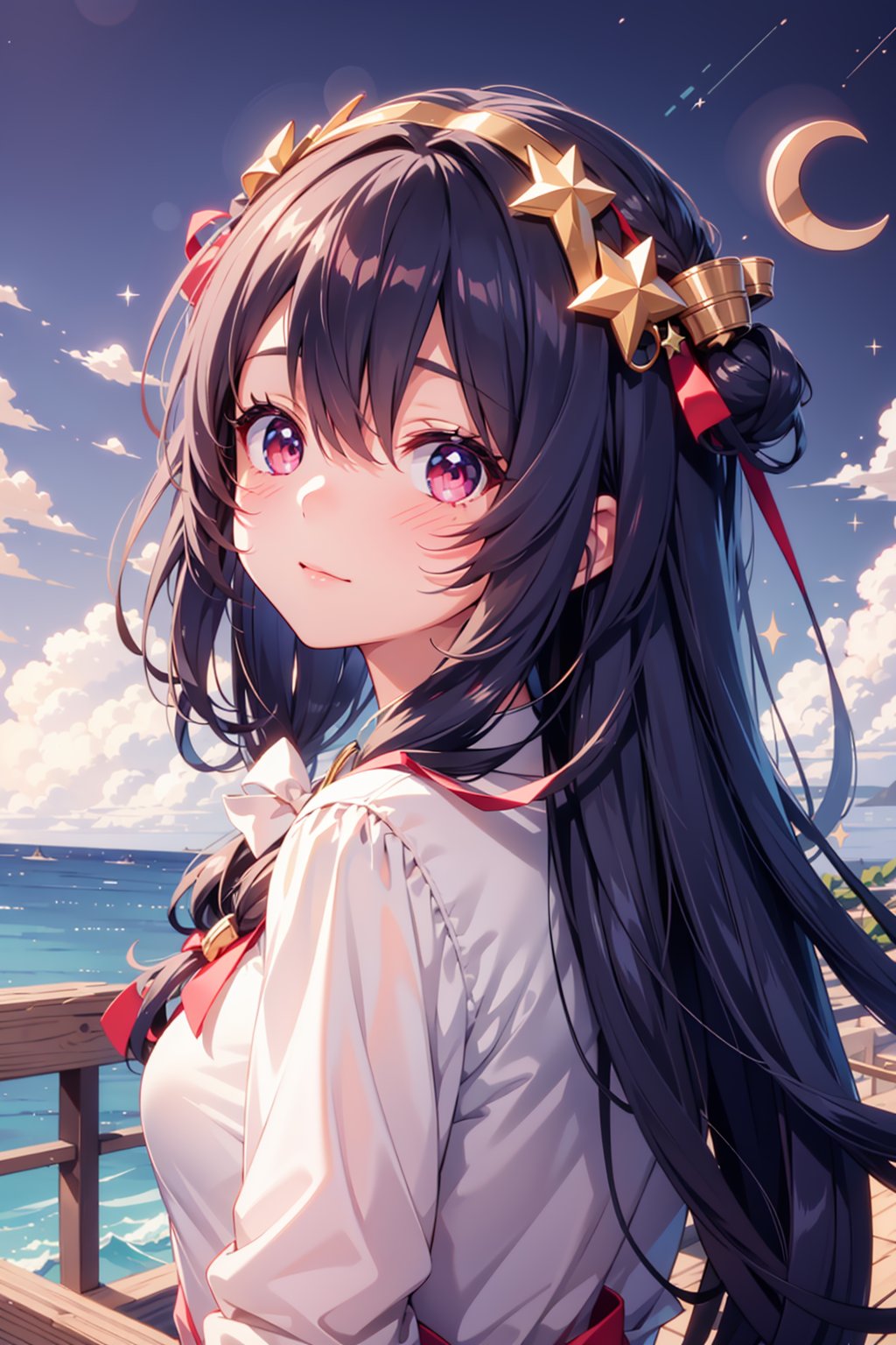 1girl, solo, long hair, looking at viewer, blush, bangs, hair ornament, hair between eyes, virtual youtuber, star \(symbol\), sparkle, crescent, portrait, star hair ornament, crescent hair ornament,masterpiece