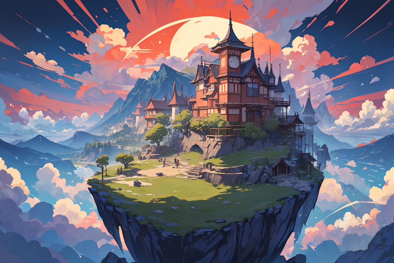 DVD screengrab from studio ghibli movie, beautiful countryside houses with mountains in the background with a pathway leading to, sunset in sky, designed by Hayao Miyazaki, retro anime, poster, digital_painting,EpicSky,6000,cloud,greg rutkowski,isometric style,FFIXBG,genshin impact