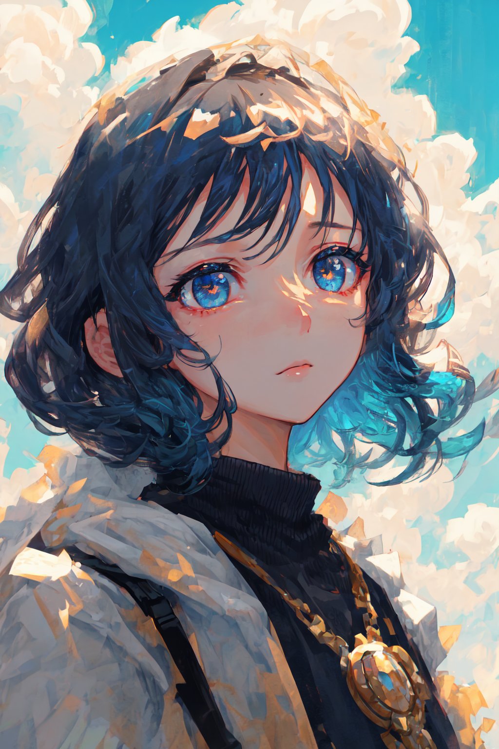 masterpiece, best quality, ultra-detailed, illustration, close-up, straight on, face focus, 1girl, blue hair, golden eyes, short hair, serene expression, looking at viewer