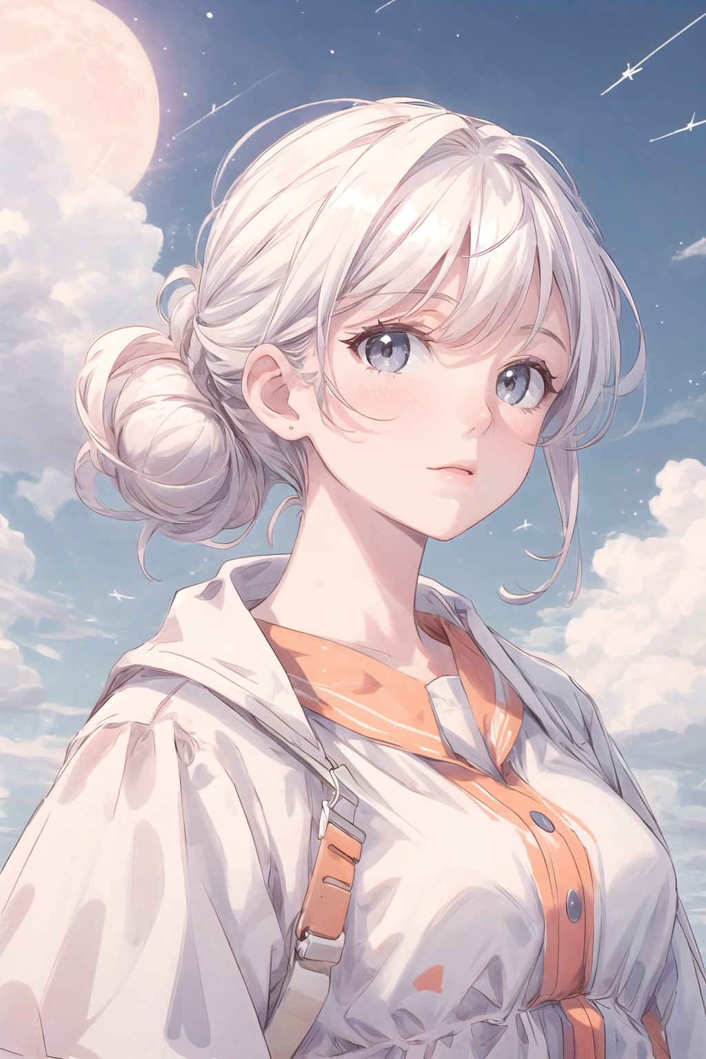 sole_female, mature female, pale skin, white hair, straight hair, high bun, black eyes, Detailedface
BREAK
white dress
BREAK
night sky, clouds, scenery, high_res, high quality, masterpiece, 8K  