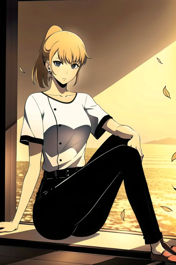 (masterpiece), high quality, (detailed background:1.3), 1girl, solo,<lora:SoloLevelingChaHaeIn-v3-05:0.6>, ChopioChaHaeIn, blonde hair, medium hair, black eyes, (looking at viewer:1.3),ponytail, sidelocks, ear piercing, medium breasts, long legs,outfit_5, white blouse, collarbone, buttons, short sleeves, shirt tucked in, black pants, high-waist pants,sitting on window, leaf, knee up, autumn leaves, autumn, falling leaves, ginkgo leaf, (windowsill:1.1), <lora:Concept_WindowSil:0.8>, sitting_on_window, sitting,