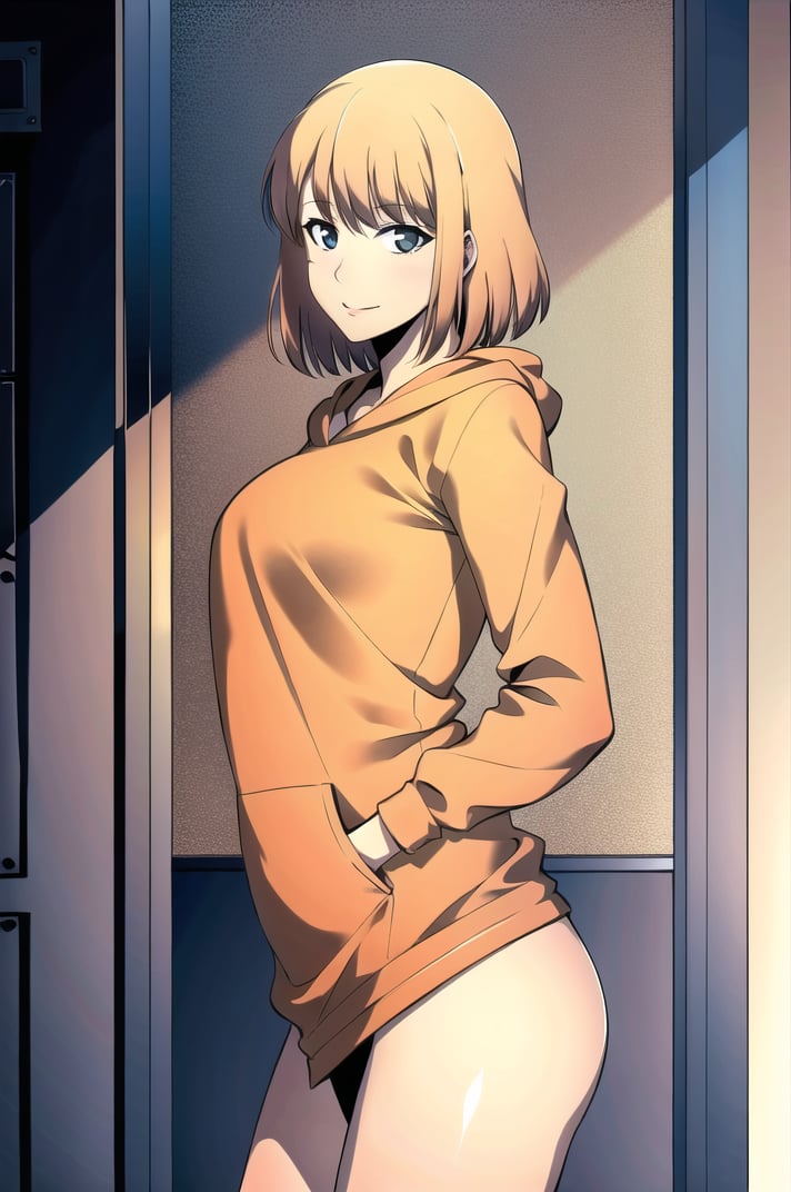 (masterpiece), high quality, (detailed background:1.3), 1girl, solo,<lora:SoloLevelingChaHaeIn-v3-05:0.6>, ChopioChaHaeIn, blonde hair, medium hair, black eyes, (looking at viewer:1.3),bob cut, medium breasts, long legs,outfit_6, orange hoodie, sleeves pushed up, naked hoodie, oversized clothes, bottomless,doorway, door frame, standing, sexy smile, sexy pose,
