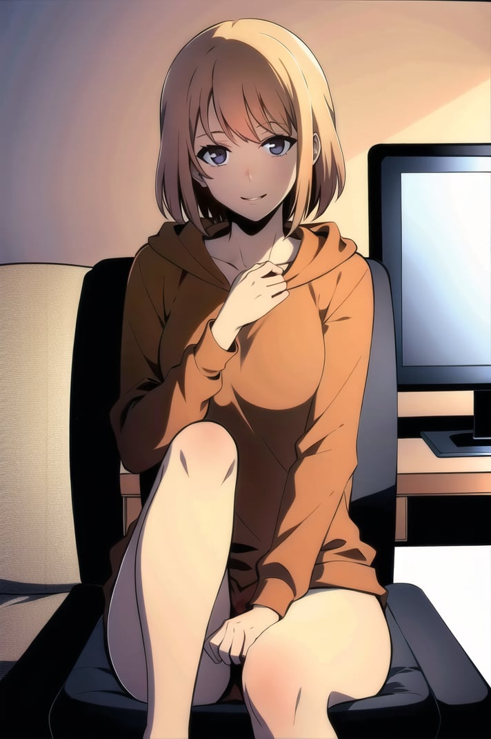 (masterpiece), high quality, (detailed background:1.3), 1girl, solo,<lora:SoloLevelingChaHaeIn-v3-05:0.6>, ChopioChaHaeIn, blonde hair, medium hair, black eyes, (looking at viewer:1.3),bob cut, medium breasts, long legs,outfit_6, orange hoodie, sleeves pushed up, naked hoodie, oversized clothes, bottomless,office, monitor, keyboard \(computer\), desk, sexy smile, sitting, chair, (knees to chest:1.3), 