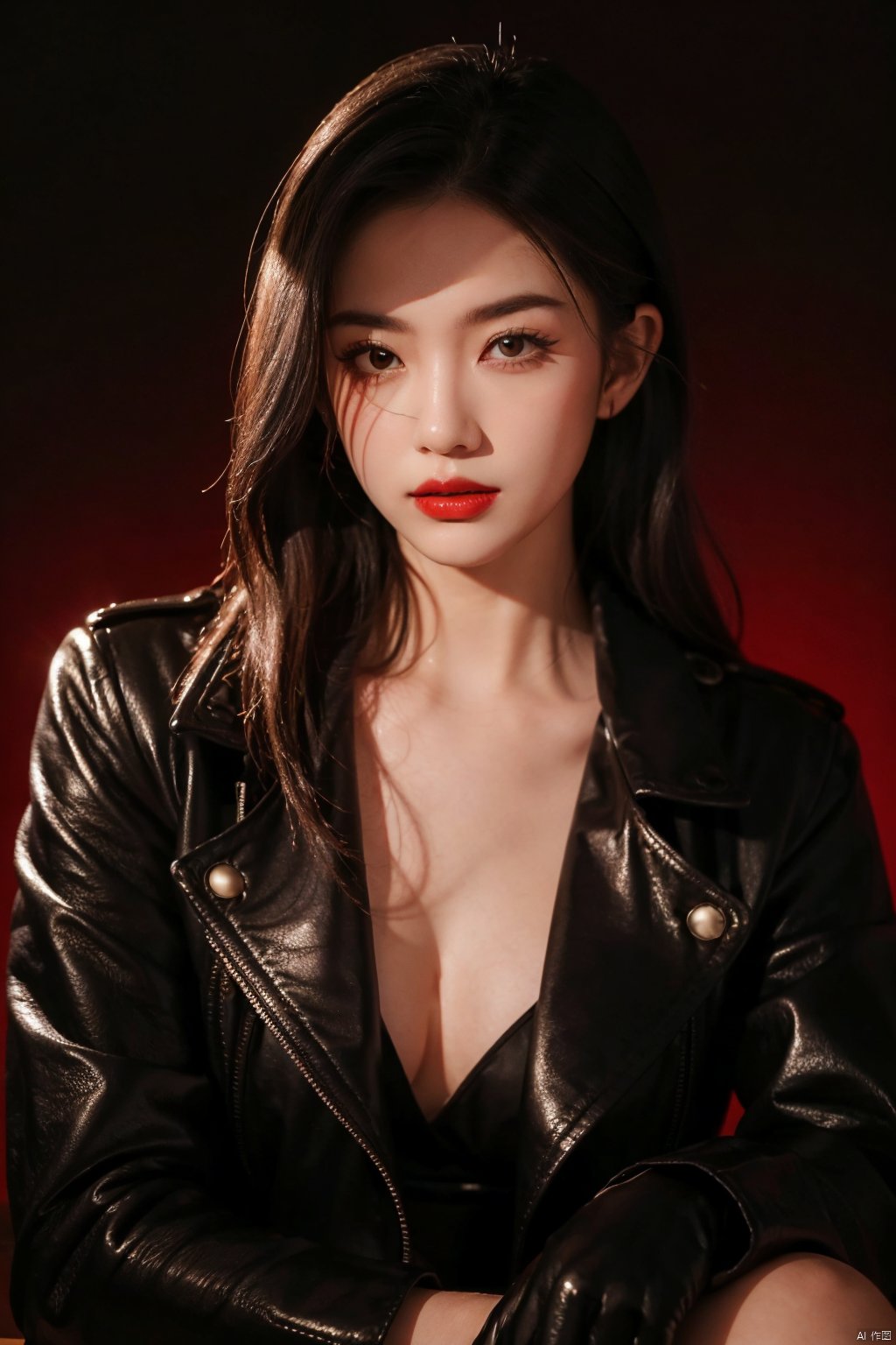 Original, very detailed wallpaper, very detailed illustrations,  A woman with striking red lipstick and a leather glove,  posing against a dark background. Her intense gaze captures the viewer's attention,  while her flawless complexion and sharp features are accentuated by professional lighting. The image exudes an aura of sophistication and confidence.,<lora:EMS-284171-EMS:0.600000>