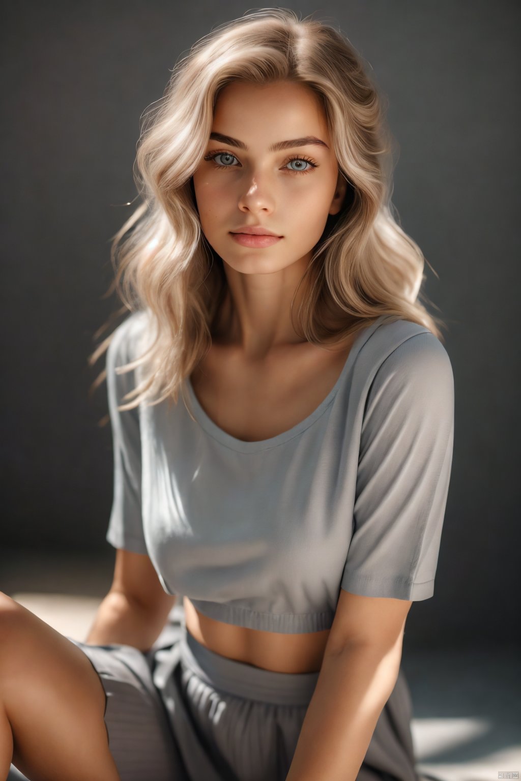 ((best quality)),  (real),  (masterpiece),  absurdres,  realistic,  A beautiful woman with blonde hair,  wearing a white top and gray skirt,  sitting against a gray background. Her gaze is directed towards the camera,  and she has a gentle smile on her face. The lighting in the photo is soft and even,  highlighting her facial features and body contours. The overall style of the image is elegant and sophisticated,  with a focus on natural beauty and simplicity.,<lora:EMS-284171-EMS:0.600000>,<lora:EMS-78342-EMS:0.200000>,<lora:EMS-276654-EMS:0.300000>