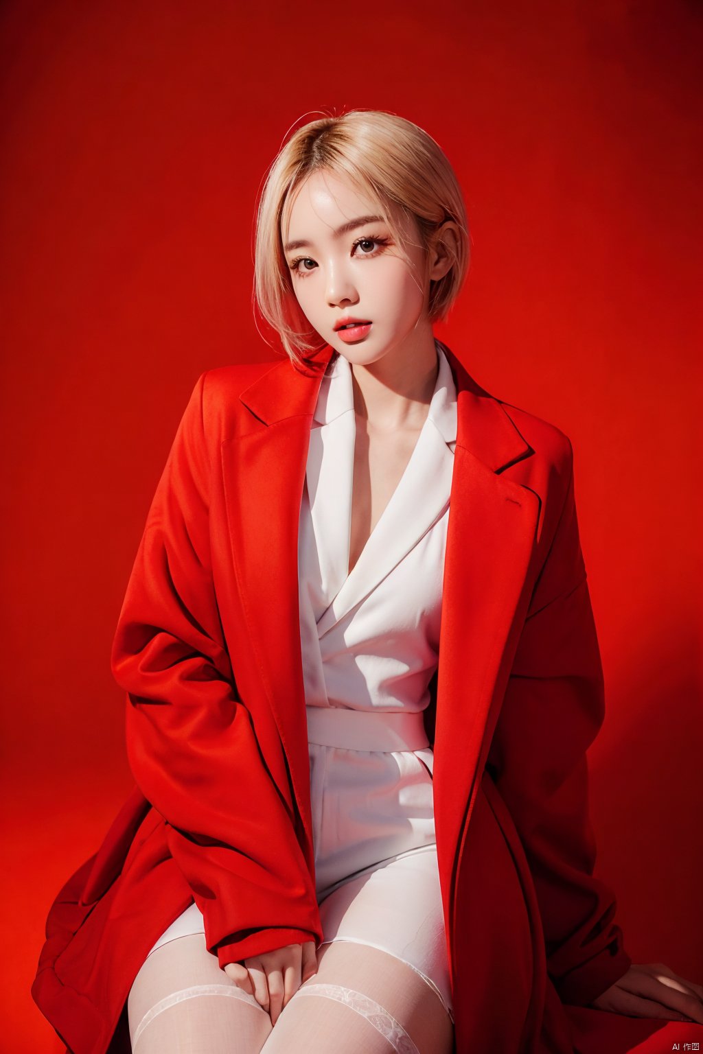 Outdoor scenery,  snow view,  Snow Mountain,  girl,  red wool coat,  pretty face,  short hair,  blonde hair,  (photo reality: 1.3),  Edge lighting,  (high detail skin: 1.2),  8K Ultra HD,  high quality,  high resolution,  the best ratio of four fingers and a thumb,  (photo reality: 1.3),  wearing a red coat,  white shirt inside,  big chest,  solid color background,  solid red background,  advanced feeling,  texture full,  1 girl,  Xiqing,  HSZT,  Xiaxue,  dongy,  a girl,  magic eyes,  black 8d smooth stockings,  1girl,  (\xing he\),  xiqing,<lora:EMS-284171-EMS:0.600000>