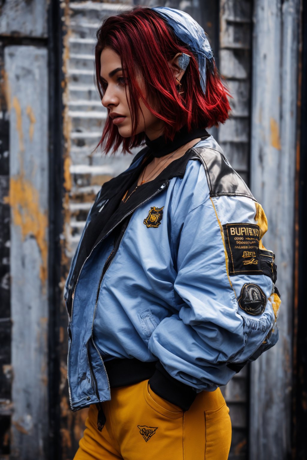 Best quality, masterpiece, woman, big boob , red hair, short hair, yellow eyes, spiky hair, tattoos, black pants, upper body, ear piercings, blue and white bomber jacket, profile picture, smoking,27 yo