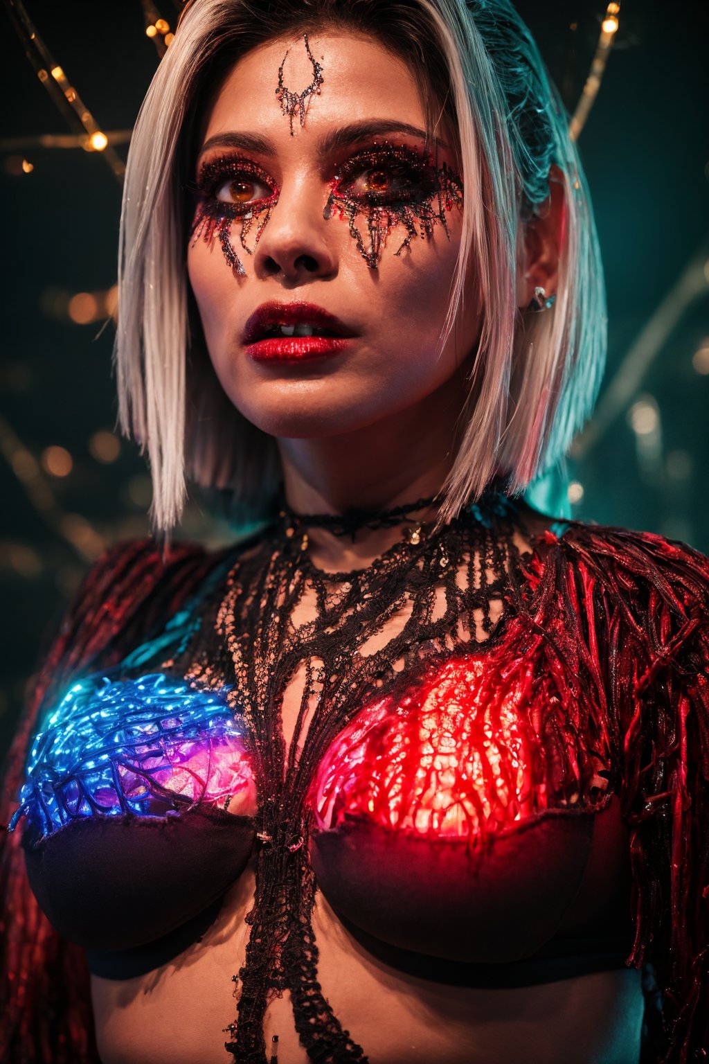 best quality,  8k,  ultra-detailed,  realistic:1.37,  vibrant colors,  vivid shading, ( breathtaking portrait of an alien shapeshifter entity),  mesmerizing eyes, busty , sexy' intricate facial details,  otherworldly skin texture,   unnerving and intricate complexity,  surreal horror atmosphere,  dark shadows,  inverted neon rainbow drip paint,  ethereal glow,  hypnotic energy,  transcendent beauty,  mystical aura,  octane render,,Realism,photorealistic,redneonstyle, glowing, red theme