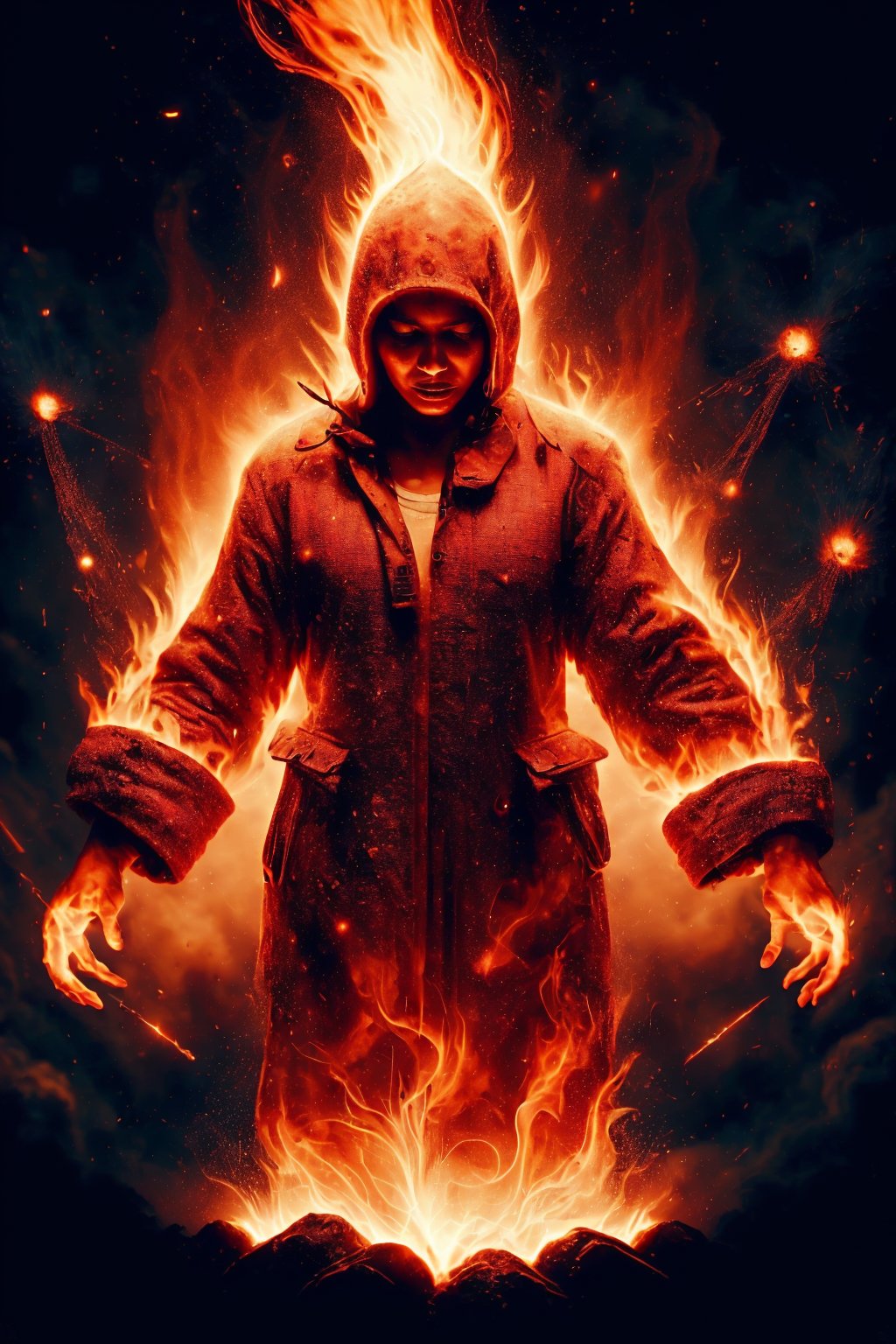 Full body on flame, lava skin, magic thunder,,glowing forehead, big navel, 30year old women body, ,fireastrologystylecontrol over fire in a mesmerizing display of power, depicted through a digital illustration inspired by the dynamic energy of Alex Andreev's artwork.