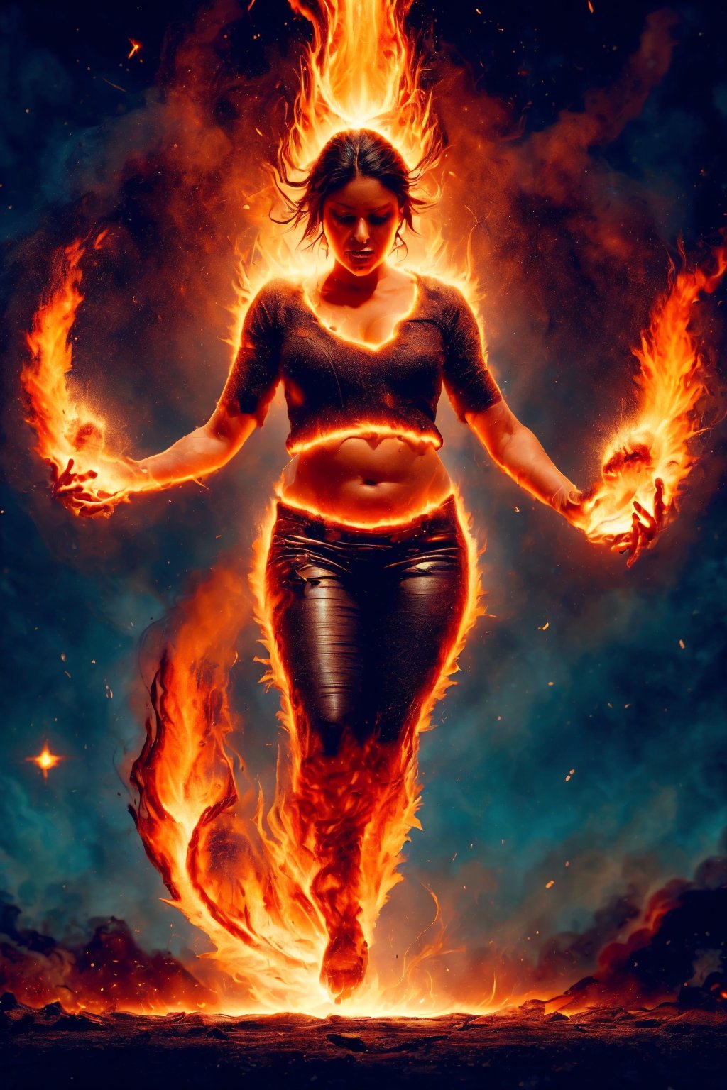 Full body on flame, lava skin, magic thunder,,glowing forehead, big navel, 30year old women body, ,fireastrologystylecontrol over fire in a mesmerizing display of power, depicted through a digital illustration inspired by the dynamic energy of Alex Andreev's artwork.