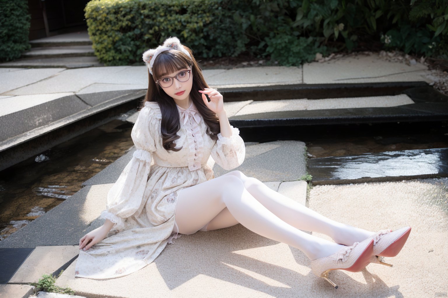  1girl,looking_at_viewer,lolanse,dress,lolanse_style dress,sitting, pantyhose, long hair, full body, outdoors,glasses, high heels, white pantyhose, frills, bangs, platform footwear, blush, see-through, ribbon, long sleeves,SUNLIGHT,