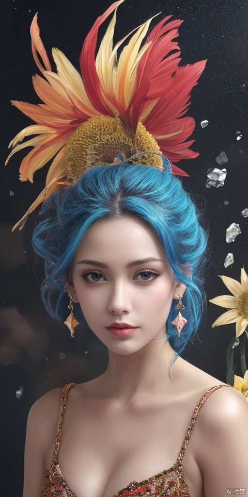  1girl, outdoors, sky,hat flower,see-through,Blue Hair, shorts,blush, barefoot, day, cloud, water, omosaic ne-piece swimsuit, ocean, beach, Han Chinese girls,yellow Hanfu,feathers,floating object,floating weapon,chinese clothes,large breasts,sunflower,jewelry, earrings,lips, makeup, portrait, eyeshadow, realistic, nose,{{best quality}}, {{masterpiece}}, {{ultra-detailed}}, {illustration}, {detailed light}, {an extremely delicate and beautiful}, a girl, {beautiful detailed eyes}, stars in the eyes, messy floating hair, colored inner hair, Starry sky adorns hair, depth of field, large breasts,cleavage,blurry, no humans, traditional media, gem, crystal, still life, Dance,movements, All the Colours of the Rainbow,zj,
simple background, shiny, blurry, no humans, depth of field, black background, gem, crystal, realistic, red gemstone, still life,