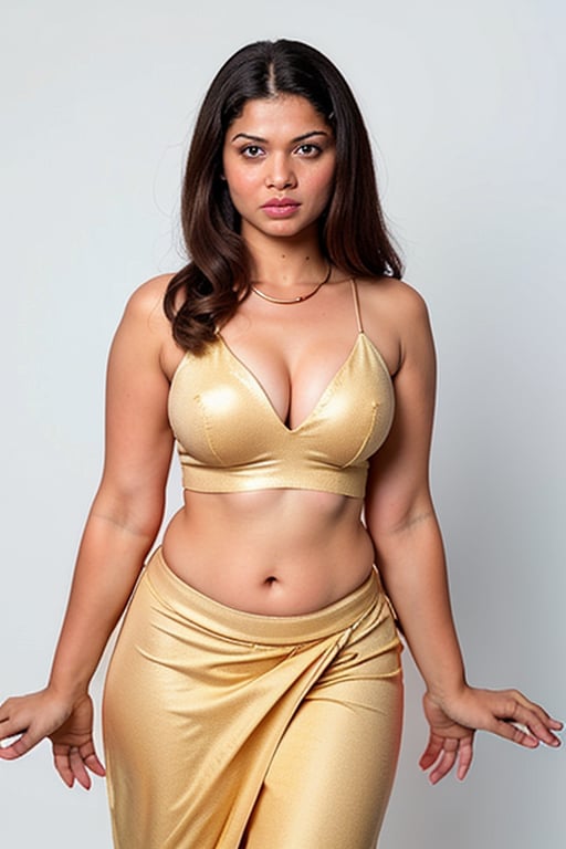 gorgeous girl in 20s wearing beautiful saree, big eyes, long sharp nose, bright face, white skin, smooth long straight hair, perfect breasts, wide hips, deep cleavage, small earrings, long necklace, realistic details, photo realistic in plus size deep transparent bra and shorts , top and skirt below navel, standing , full body, sensual smile,Detailedface,Realism,photorealistic,Portrait