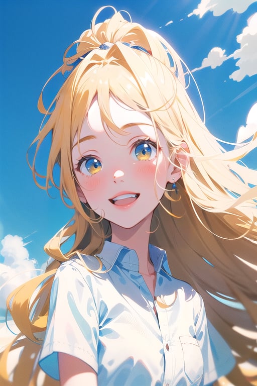 gril, blue sky, white cloud, yellow hair, smile