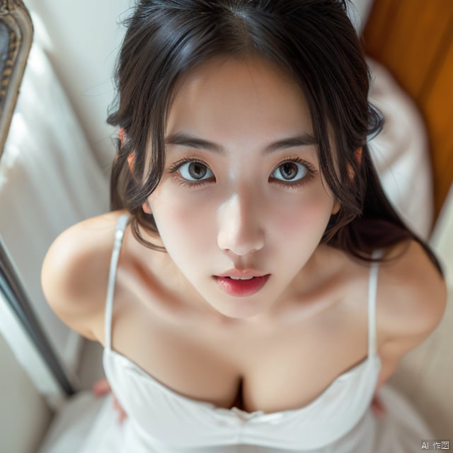 1girl,from above,,room,white dress,portrait,, masterpiece,best quality,ultra-detailed,blowjob