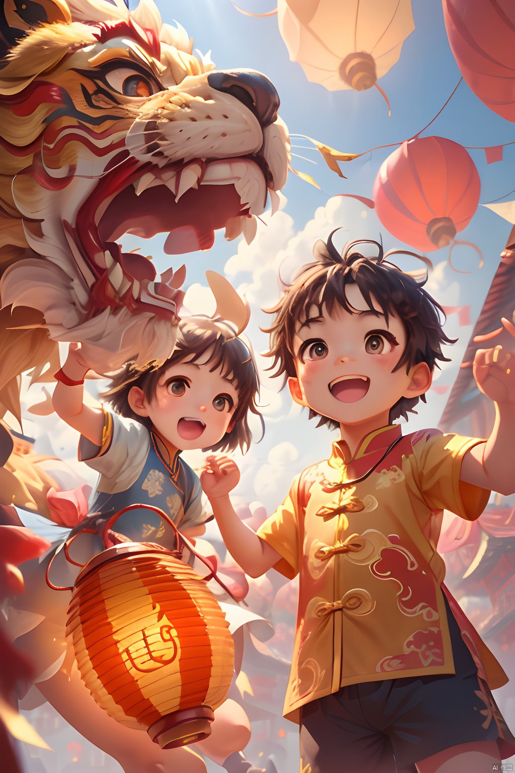 Gold coin, Paper lantern, Lion dance, lantern, Open your mouth., Children, Look at the viewer, Smile, Short hair, Brown hair, Brown eyes, Multiple children, Short sleeves, Black eyes, Outdoor, Golden color, Shorts, Black hair, Box, The sky, blue shirt, Traditional dress