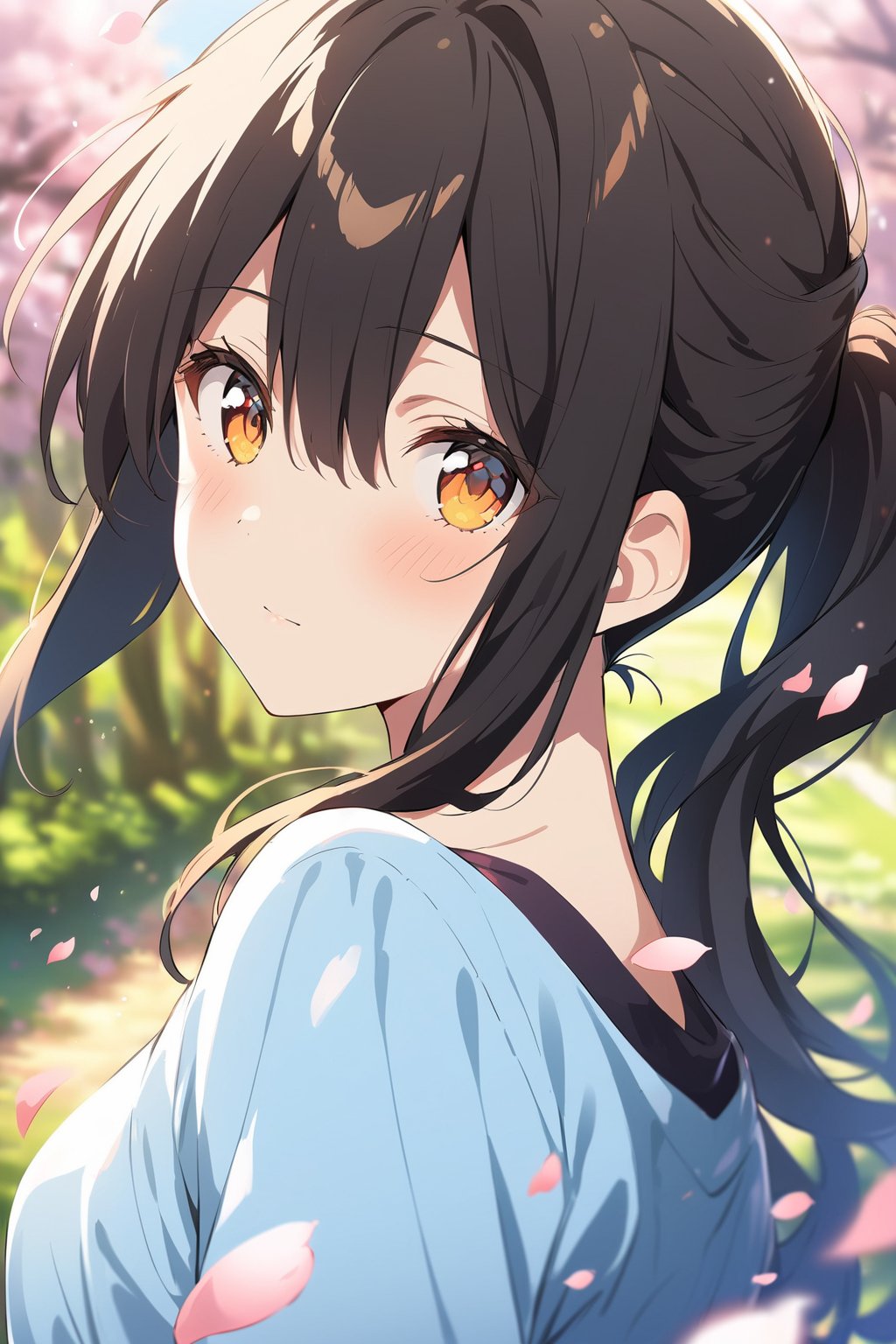 Visual Anime, 1girl, solo, ponytail, looking at viewer, blush, bangs, orange eyes, shirt, hair between eyes, closed mouth, blue shirt, upper body, black hair, outdoors, day, looking back, blurry, tree, petals, blurry background, falling petals