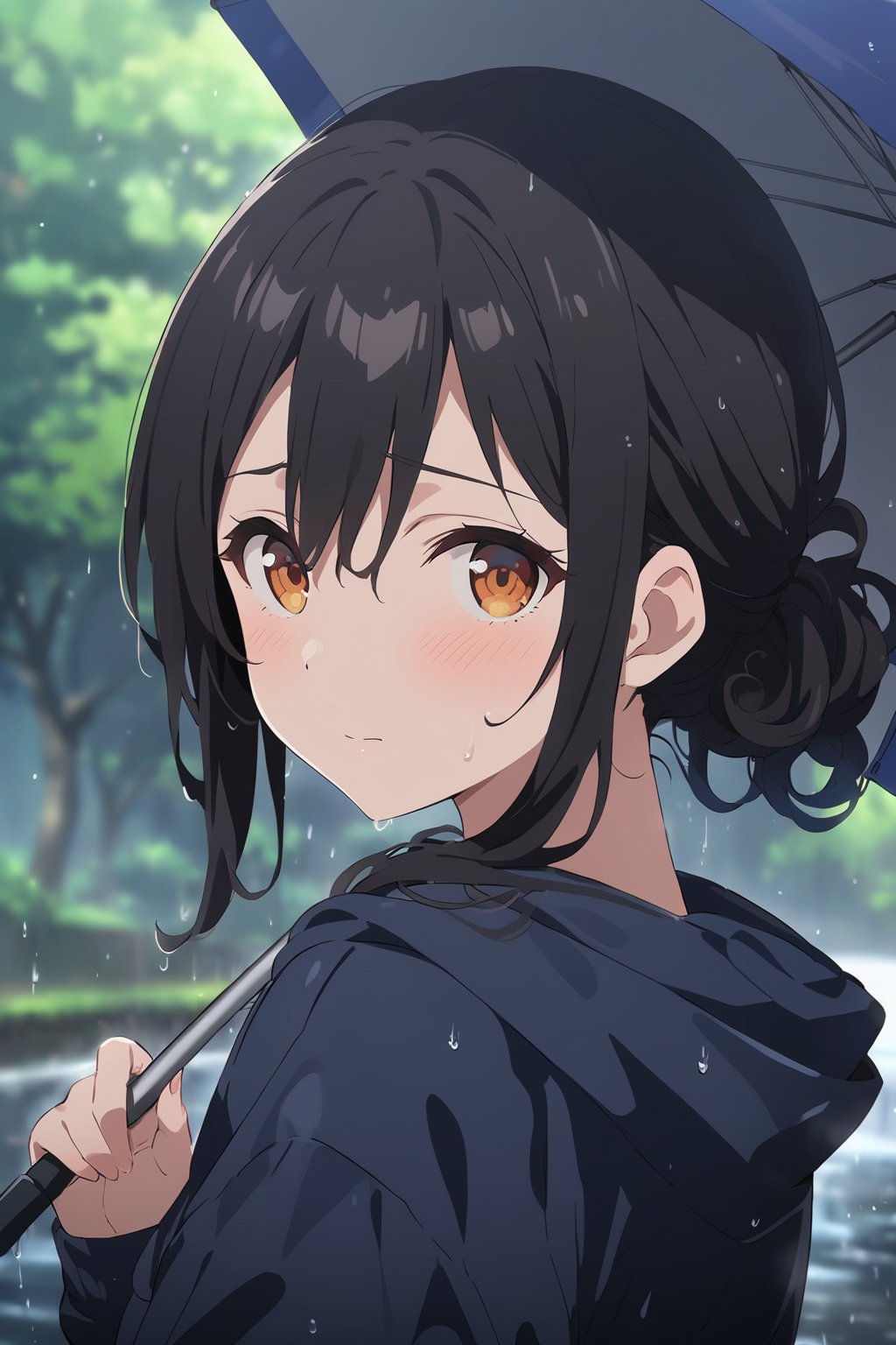  Visual Anime, masterpiece, best quality, 1girl, solo, curly ponytail, looking at viewer, blush, bangs, orange eyes, shirt, hair between eyes, closed mouth, blue rain jacket, dark, hoodie, sweat, upper body, black hair, outdoors, looking back, blurry, tree, blurry background, falling water, rain, overcast, umbrella, anime_screencap, fake_screenshot, dark sky