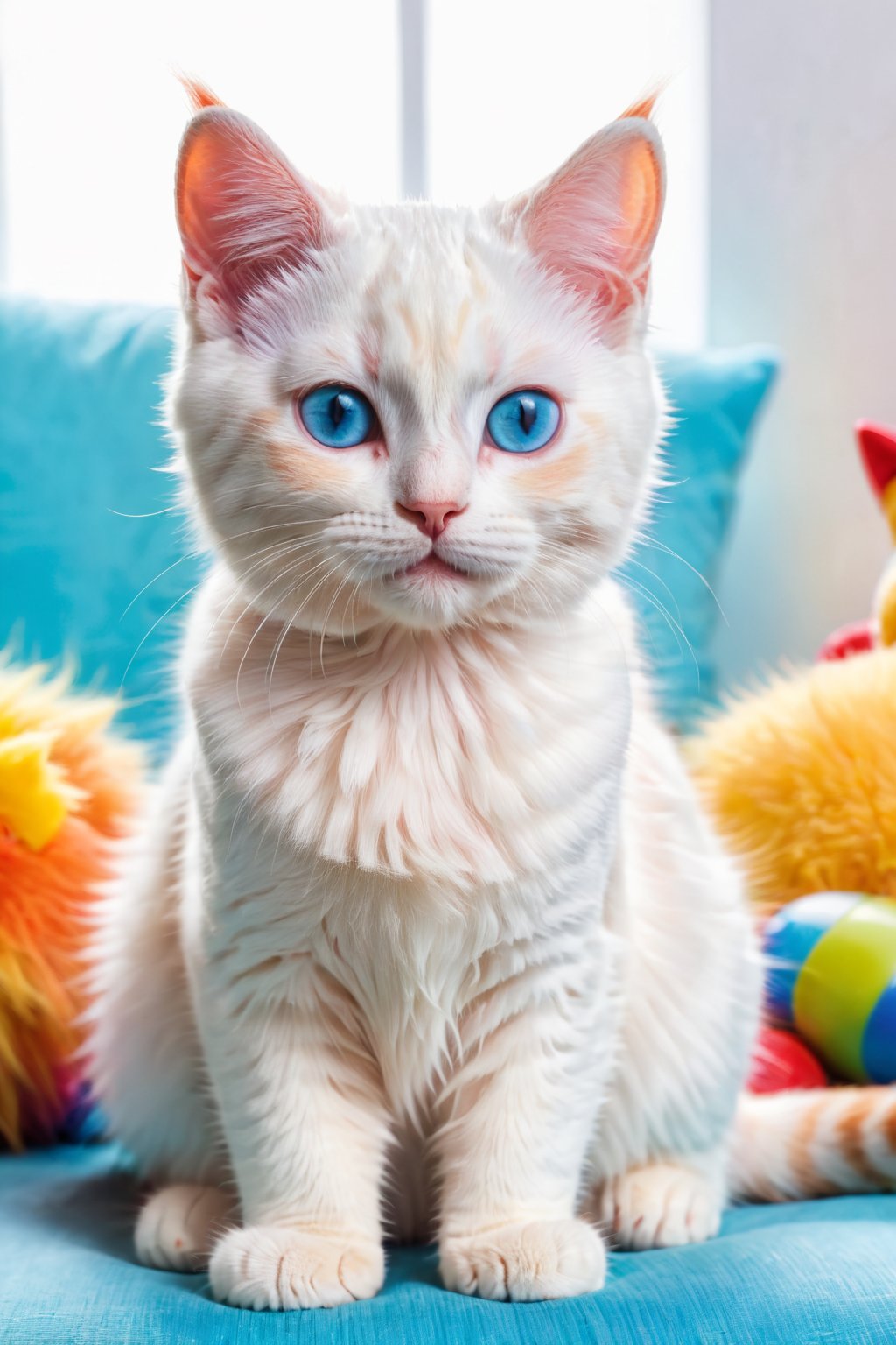 a cat with short fur, adorable blue eyes, and sharp claws, cut into a cute pose, sitting on a soft pillow, surrounded by colorful toys, in a cozy indoor setting, with natural lighting emphasizing its playful expression. The artwork should be a high-resolution masterpiece, capturing the realistic details of the cat's fur and vibrant colors of the toys. The style should be a combination of photography and concept art, with a warm and vivid color tone.