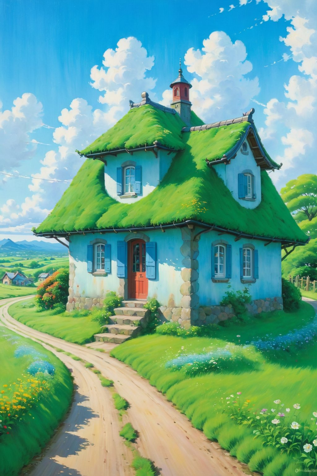 (best quality,high-res,realistic:1.2) oil painting, vibrant colors, detailed brushstrokes, serene atmosphere, dream-like scenery, perspective view, lush green grassland, blooming petals, clear blue sky, winding country road, charming building, Studio Ghibli-inspired, Hayao Miyazaki-esque.
