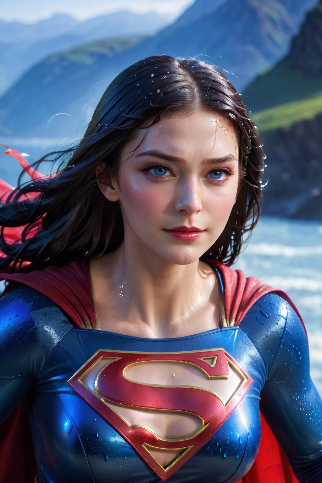 Masterpiece, high quality, Ultra HD, high detailed, supergirl, black costume, water drops on skin, colors dancing in the background, 4k, 8k, top lighting, mountain range background, long flowing black hair, large muscles, cute face, red cape, blue eyes, gazing into the camera , More Detail