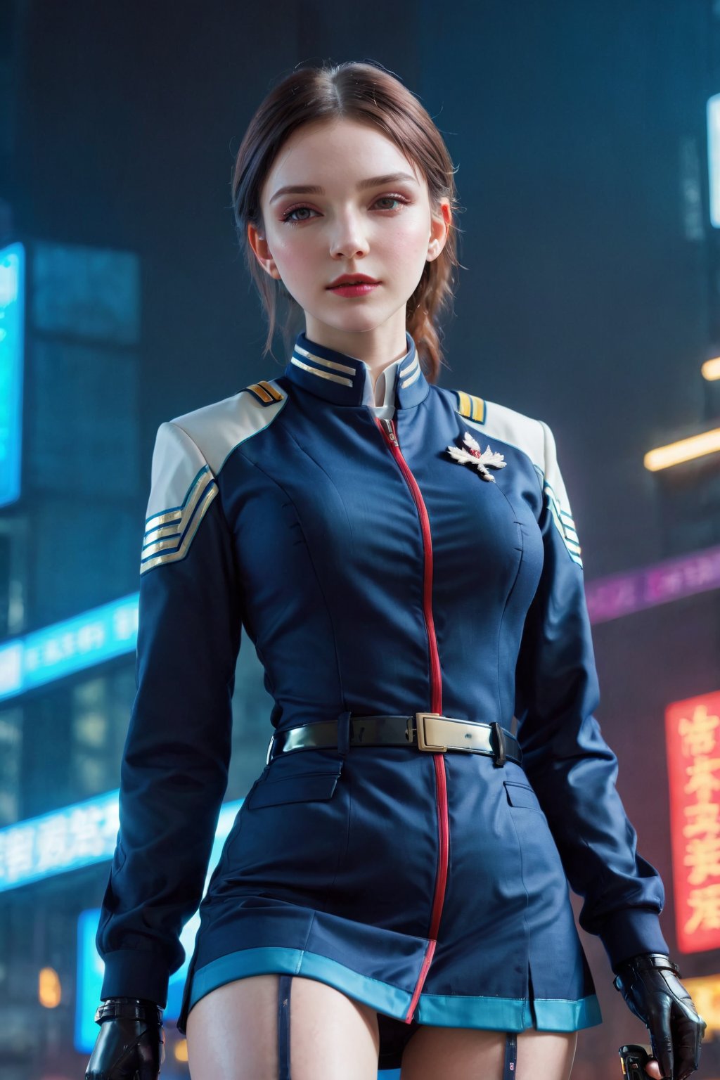 (1girl:1.3), solo, __body parts__ delicate and realistic skin, pale skin, big, official art, unified 16k wallpaper, ultra detail, beauty and aesthetics, beauty, masterpiece, best quality, in cyberpunk city, fantastic atmosphere, calm color palette, peaceful mood, soft shadows, flight attendant uniform, glamour