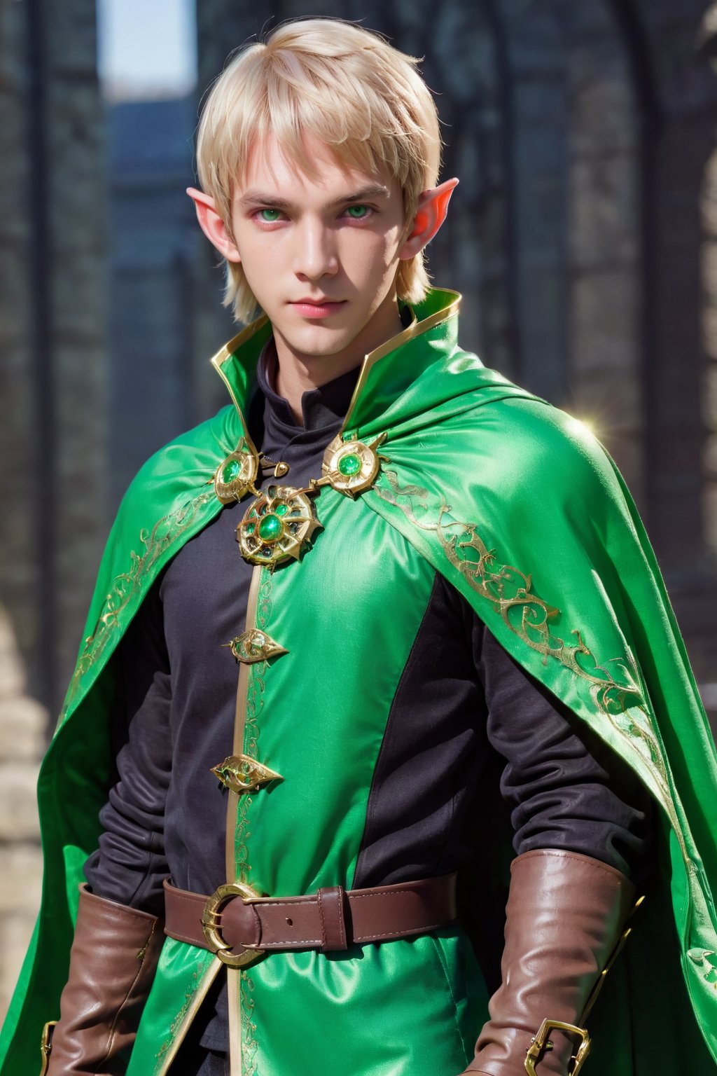 masterpiece, best quality, 1man, adult, male focus, solo, medium blonde hair, vibrant green eyes, looking at viewer, cape, High quality metal texture, overcoat, closed mouth, bangs, high collar,(kbxll:0.6), Fantasy aesthetics, Highly detailed, shadowverse style, executor outfit, elf ear, fix hands